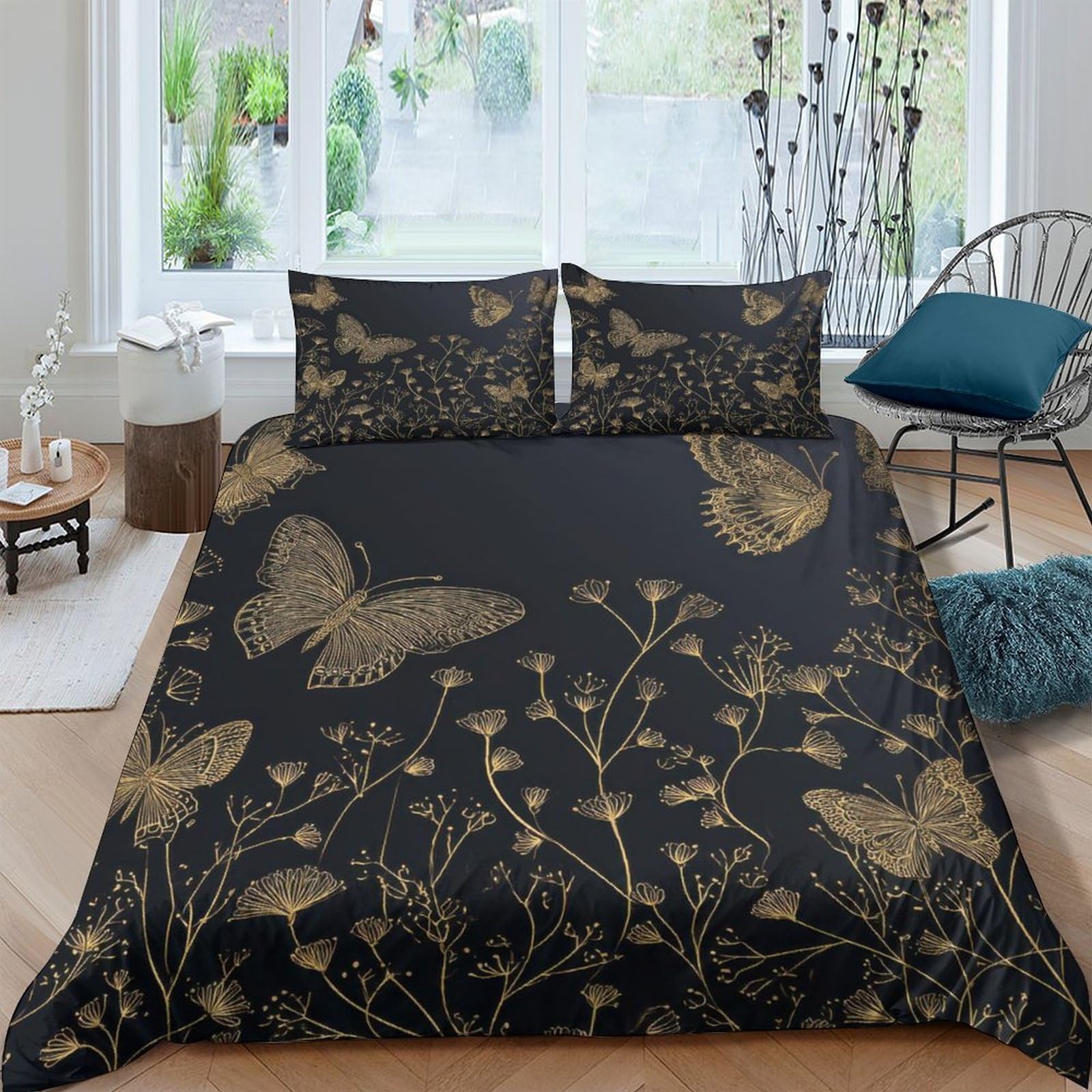 Ctjqhvkz Style-6 3D Printed Golden Butterfly Fitted Sheet Microfiber Black Botanical Bed Cover For Bedroom Decor Dorm Mattress Protection Single（135X200cm）