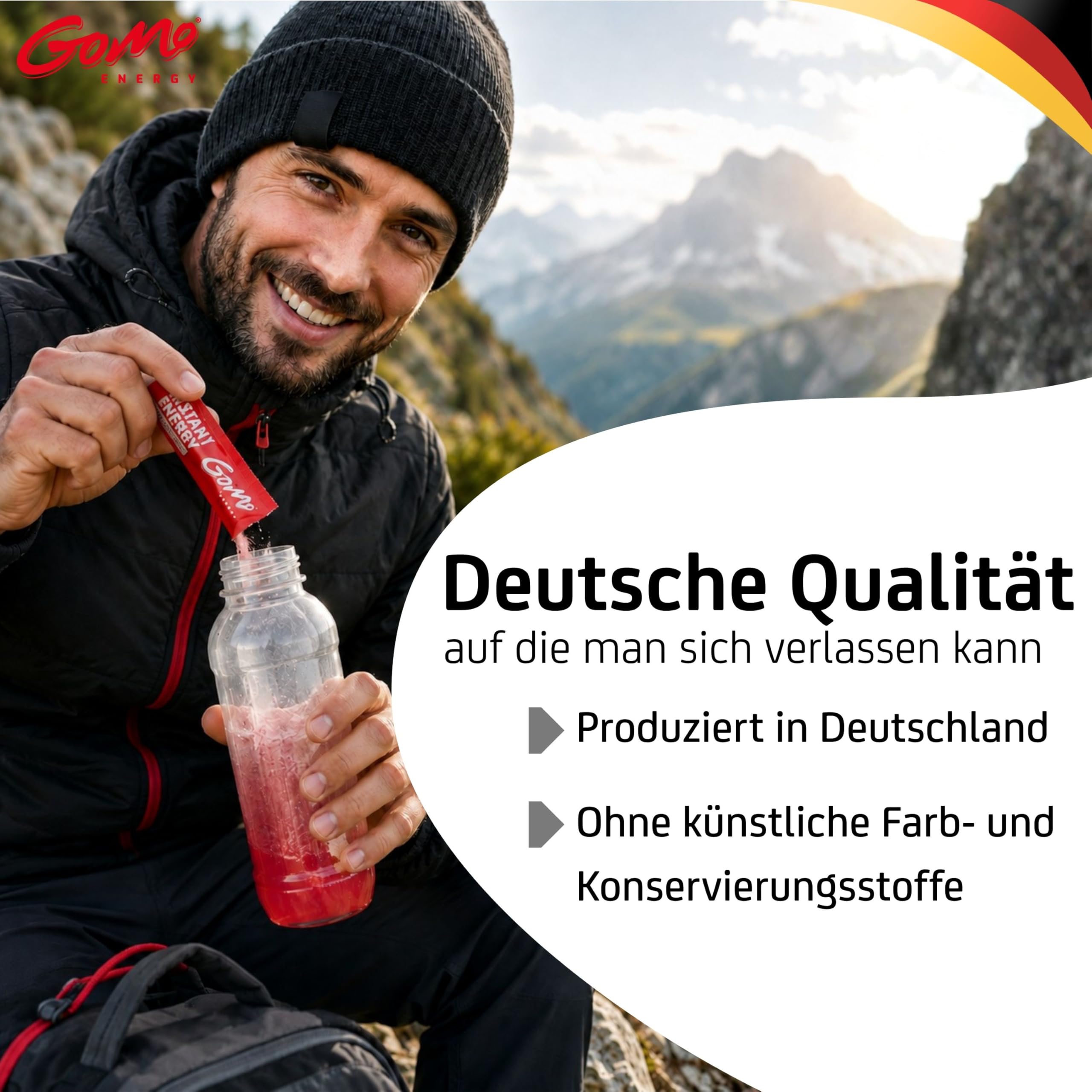 GoMo ENERGY® Energiegetränk ohne Zucker I Wachmacher mit L-Carnitin, Koffein, Vitamin-B-Komplex hochdosiert I Getränkepulver mit beerigem Holunder Geschmack I INTENSE VITALITY (100 Stk)
