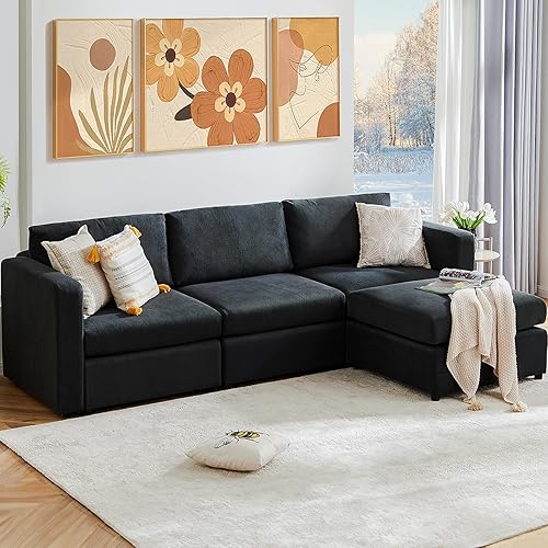 Sweetcrispy Convertible Modular Sectional Sofa, 4 Seat Sectional Couches for Living Room, L-Shaped Modern Fabric Modular Sofa Sleeper with Double Chaise for Home, Apartment, Dorm, Dark Grey