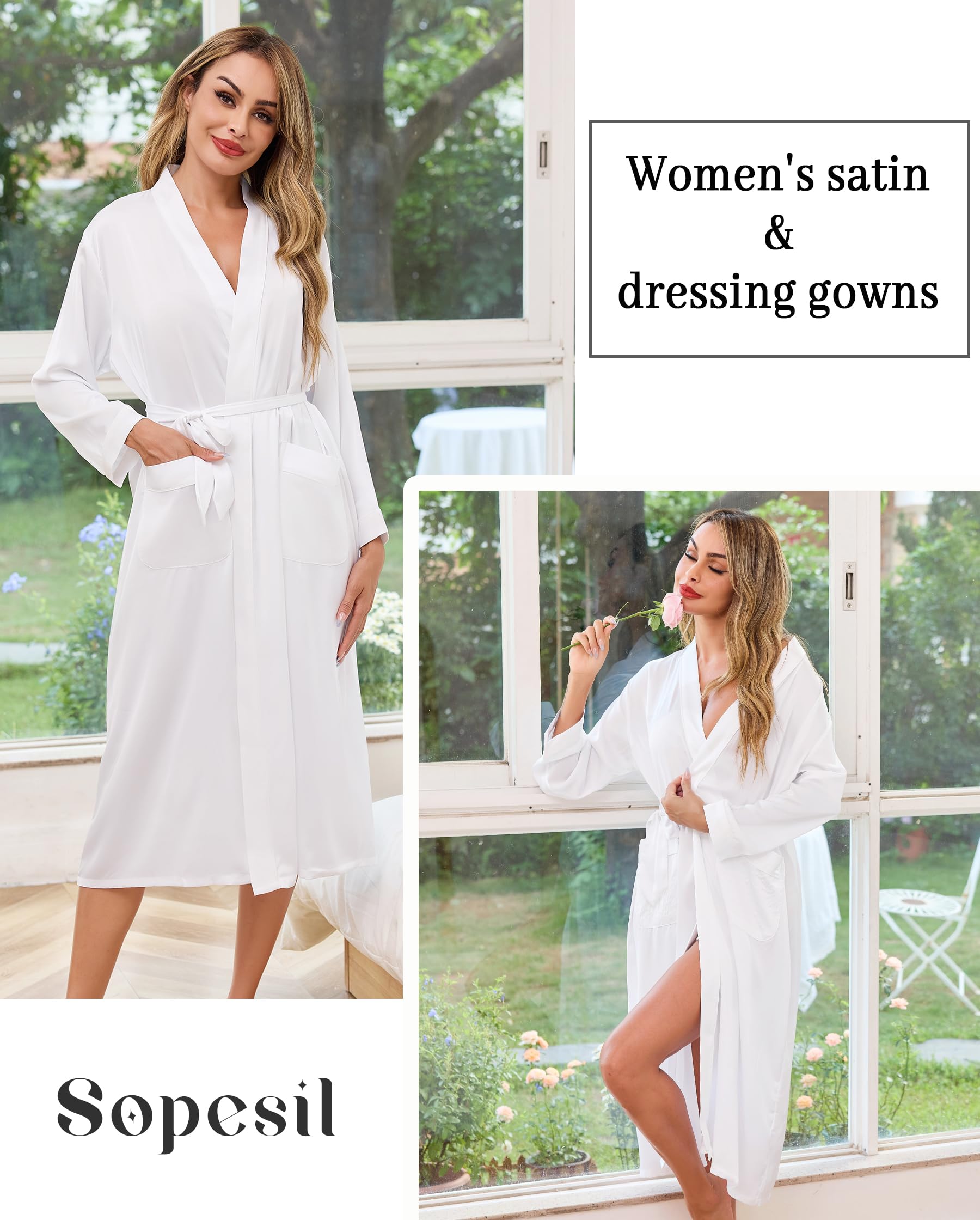 Sopesil Peignoir de Bain Femme Satin Longue Robe de Bain Peignoir de Mariée Kimono Femme avec Poches Confortable pour Maison Toutes Saisons Tailles S-XXL