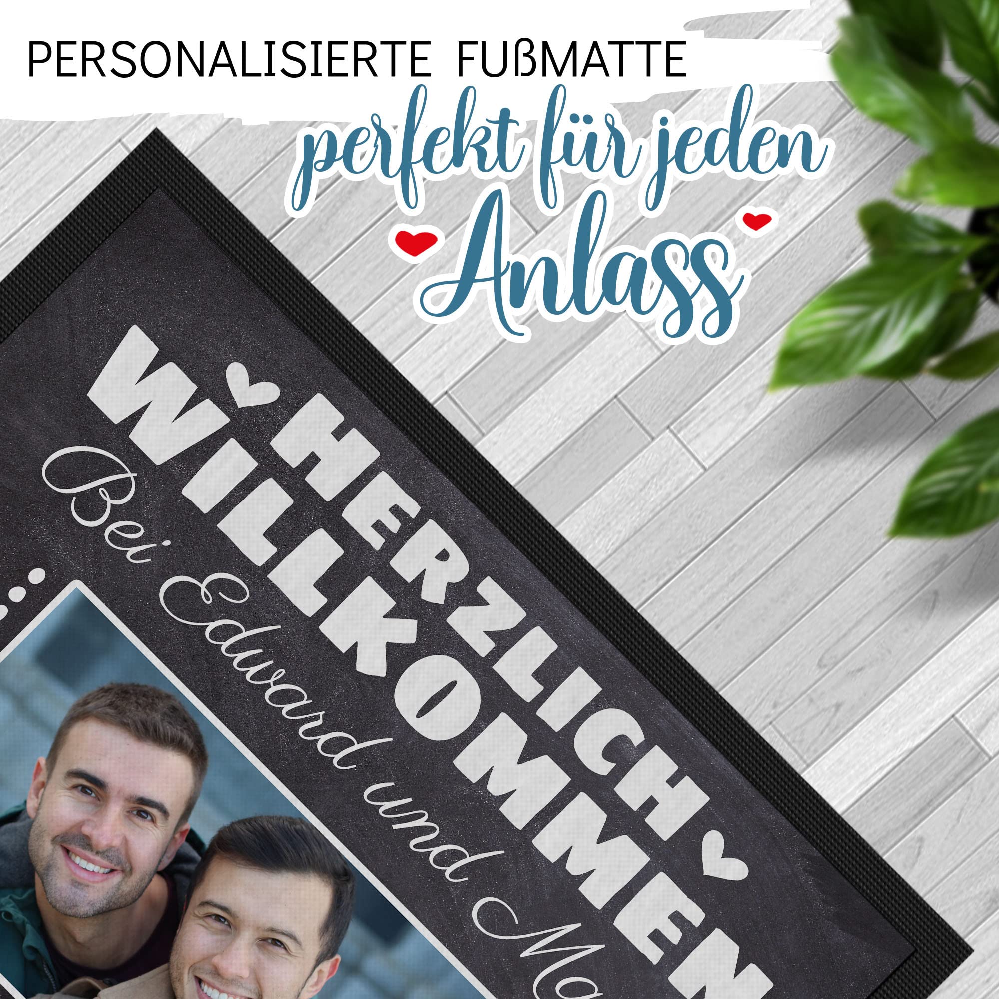Print Royal Personalisierte Fußmatte mit Namen & Bild - Herzlich Willkommen - Geschenke zum Einzug | rutschfest, 120x80cm mit Gummirand