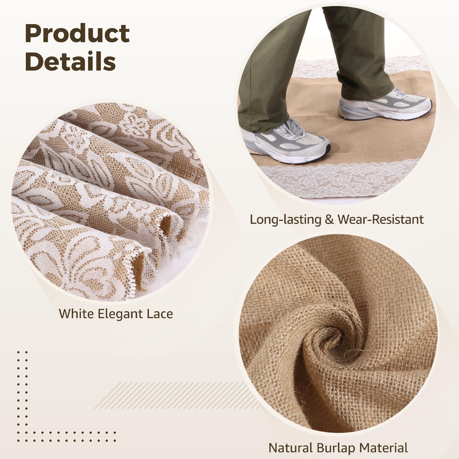 Chemin d'allée en toile de jute naturelle avec dentelle, 90,9 cm x 6 m, chemin de couloir rustique pour mariage et fête pour événements en plein air, tapis de couloir en toile de jute marron