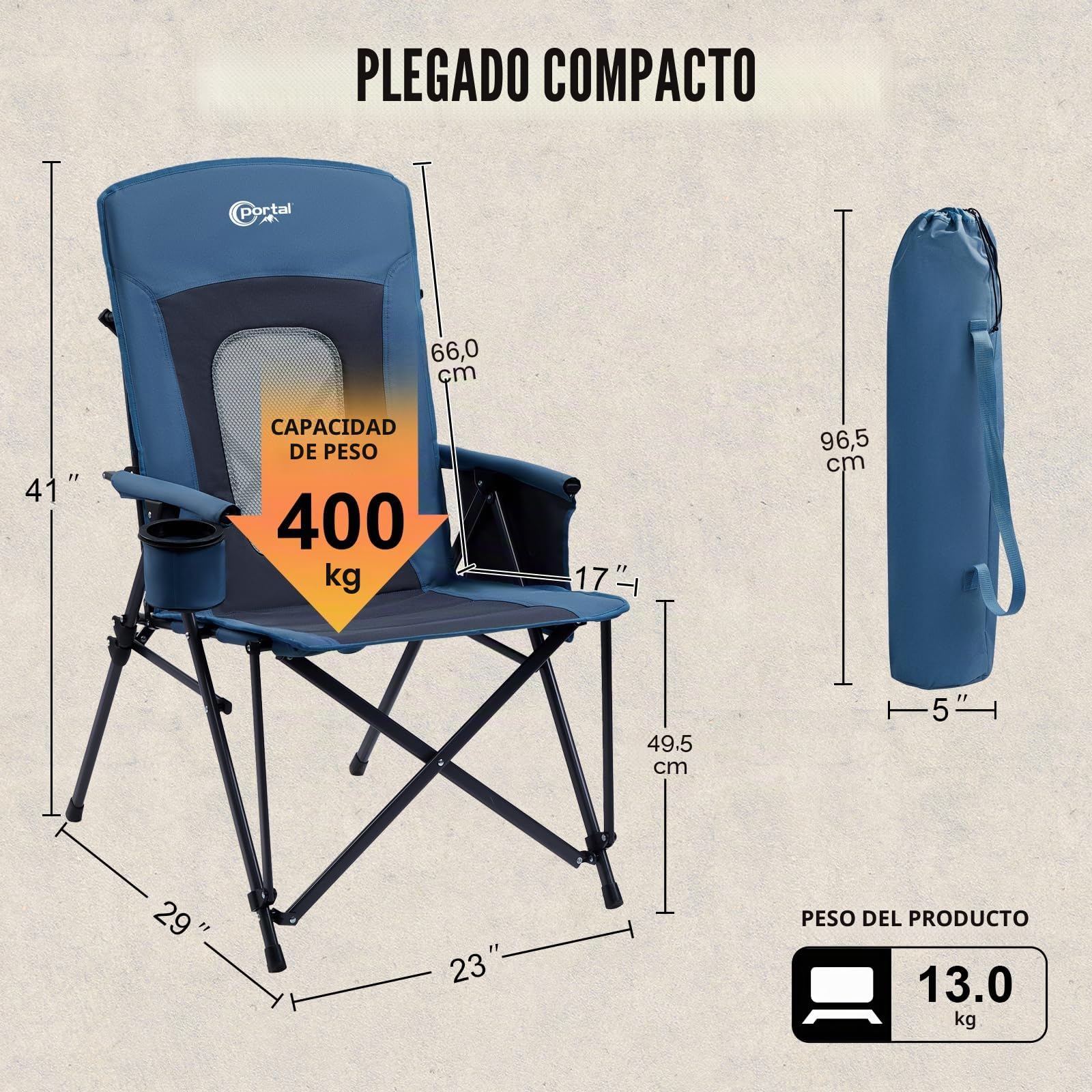 Silla de camping plegable y reclinable portátil, con respaldo alto, resistencia hasta 180 kg, silla de pesca, silla de jardín con bolsa y portavasos, ideal para jardín, balcón y picnic