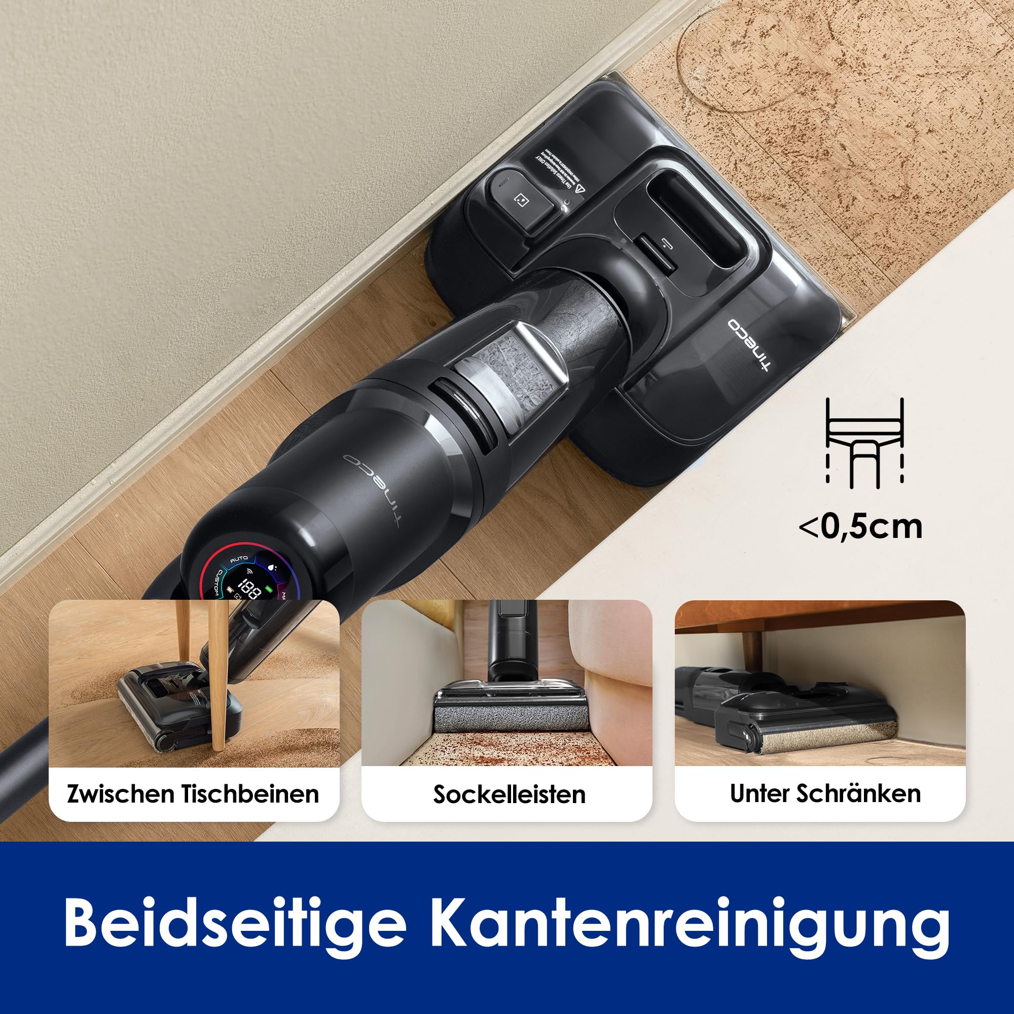 Tineco Floor ONE S7 Stretch Ultra Nass Trockensauger, 21000 Pa Saugkraft 180° Lay-Flat, 5 Min 85°C Flashdry, 50 Min Laufzeit, DualBlock Anti-Tangle, Beide Kantenreinigen, für Hartböden & Werkstatt
