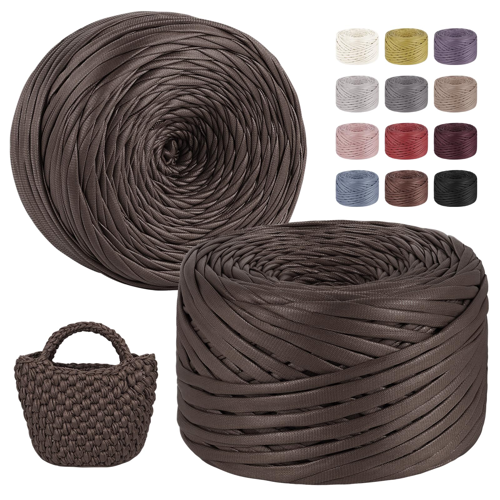 LEREATI Tshirt Yarn for Crocheting 2x200g/2x90m Single-Side Faux Leather Looking Fabric, Soft Polyester Cloth Ribbon T Shirt Yarn for Crocheting Baskets Bags Rugs Home Decor DIY Crafts (Chocolate)