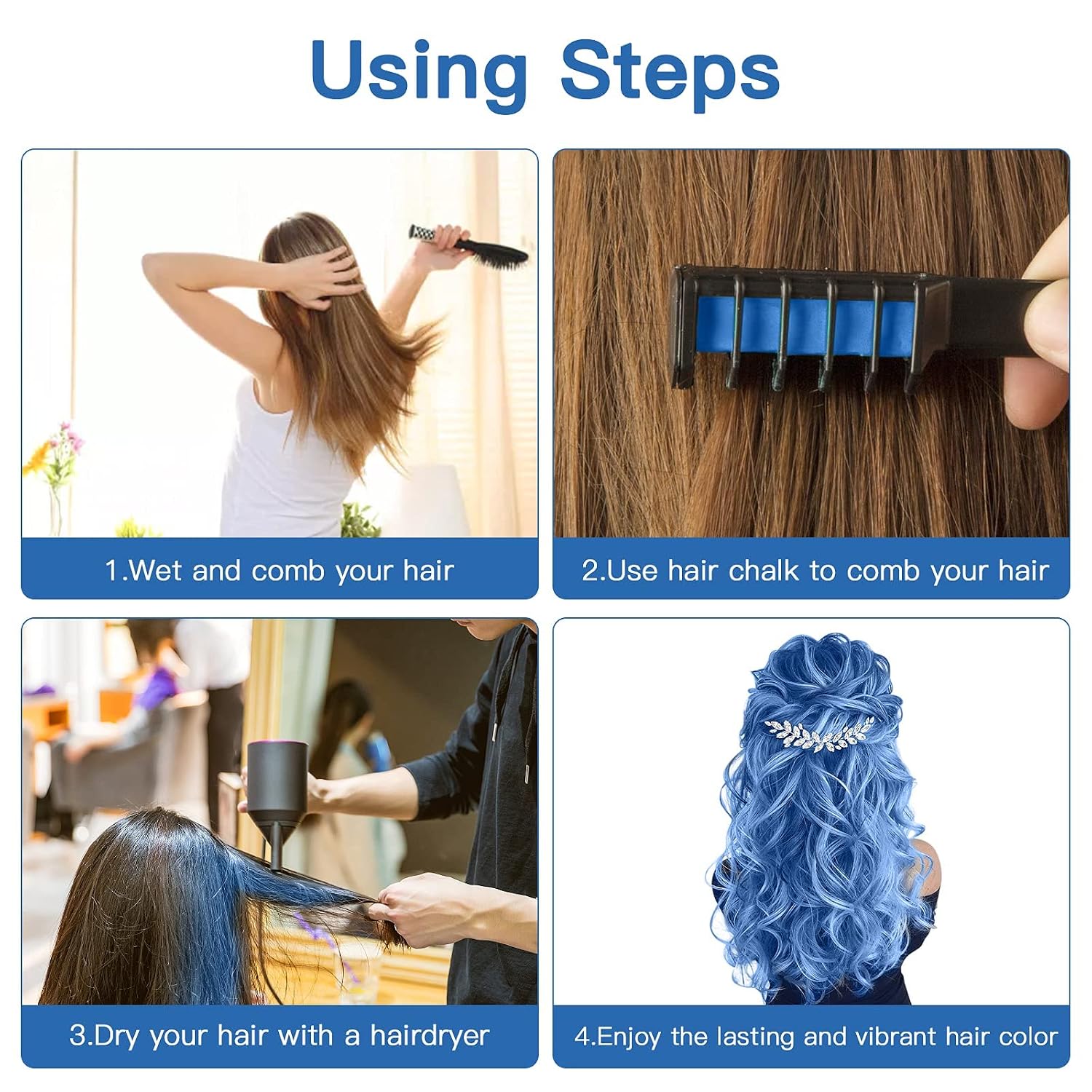 MSDADA Bundle,6 Color Hair Chalk Comb & 6 Pcs Fluorescent Blue Hair Chalk for Girls Kids,New Hair Chalk Comb Temporary Washable Hair Color Dye for Kids Girls Gifts Toys for Christmas Birthday