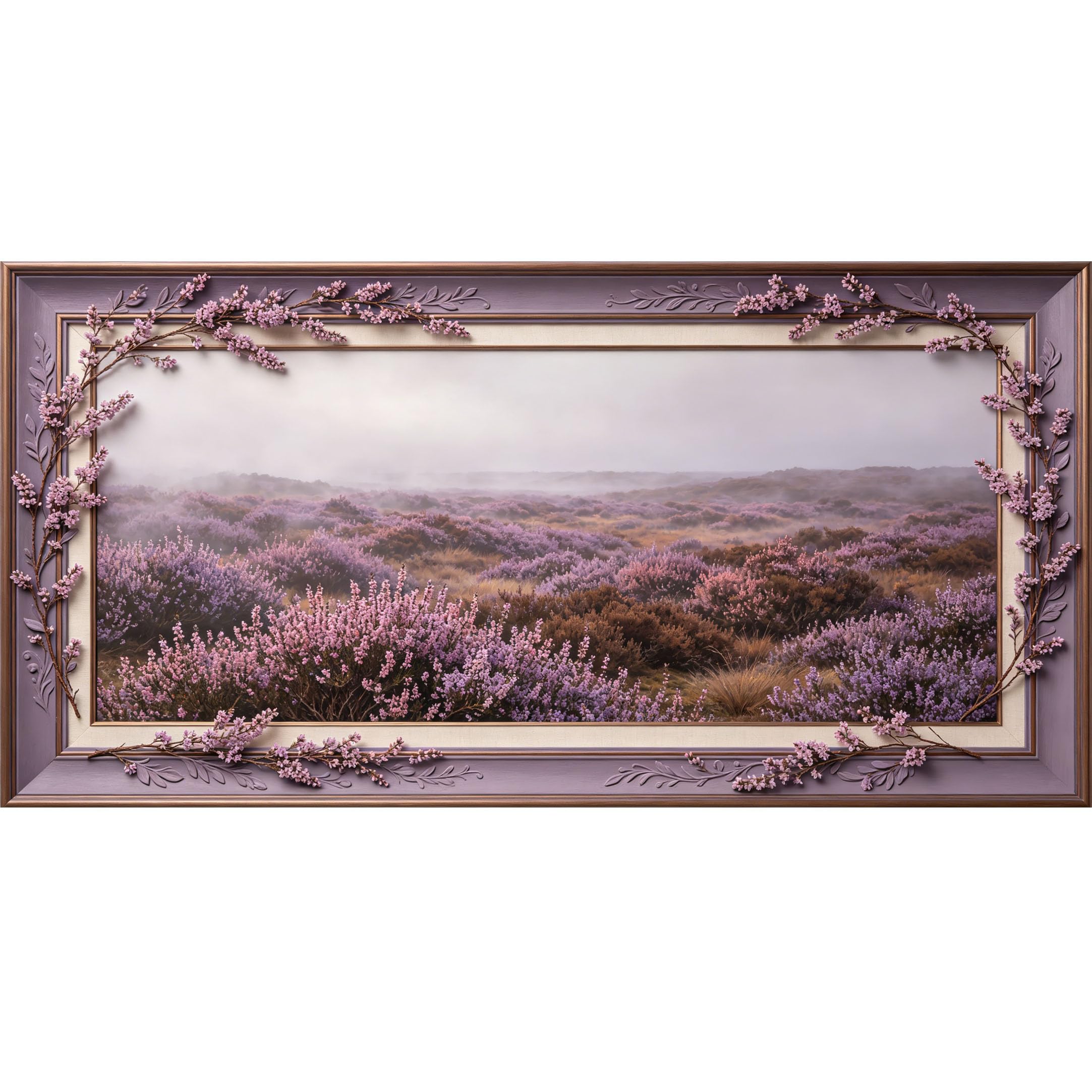 Agglomerix 3D Framed Wall Art Purple Heather Mist Landscape Botanical Aesthetic Large Size SelfAdhesive Removable Wall Decor Prints Artwork for Living Room Bedroom Office