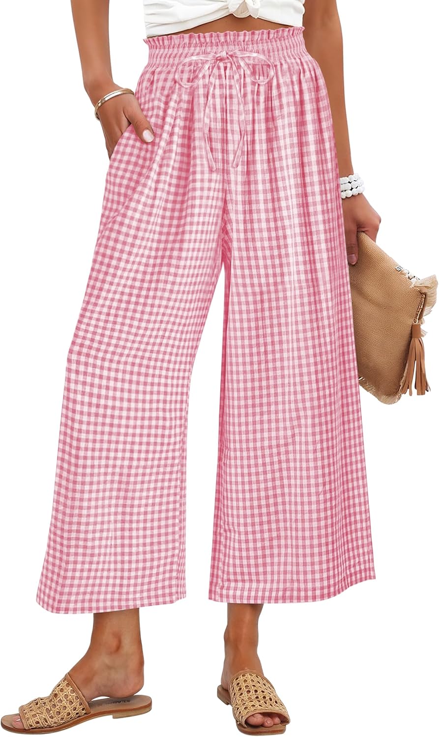 ANRABESS Womens Striped Gingham Palazzo Capri Pants Pajama Wide Leg Lounge Trousers Plaid Cute Crop PJ Bottoms with Pockets