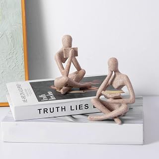 Prettidecor Reading Thinker Statue Set of 2 - Abstract Sandstone Sculptures, Modern Figurine Decor for Bookshelf, Desk, Living Room, Office