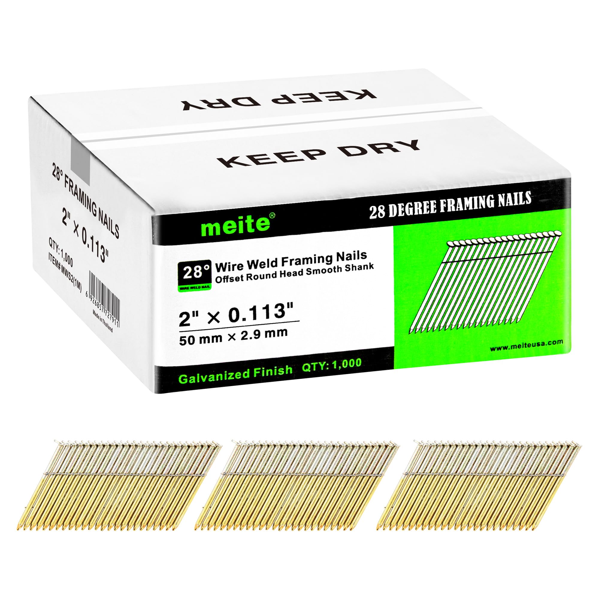 meite 28 Degree Framing Nails 2 Inch Galvanized Offset Round Head Wire Weld Collated Nails for Framing Nailer Gun, Smooth Shank Structural Framing