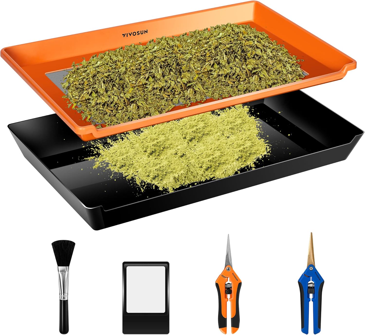 VIVOSUN Heavy Duty 2-in-1 Trimming Tray for Herbals Collecting, Dry Sift Screen Set with 150 Micron Fine Mesh Screen and 2 Trimming Scissors, Orange