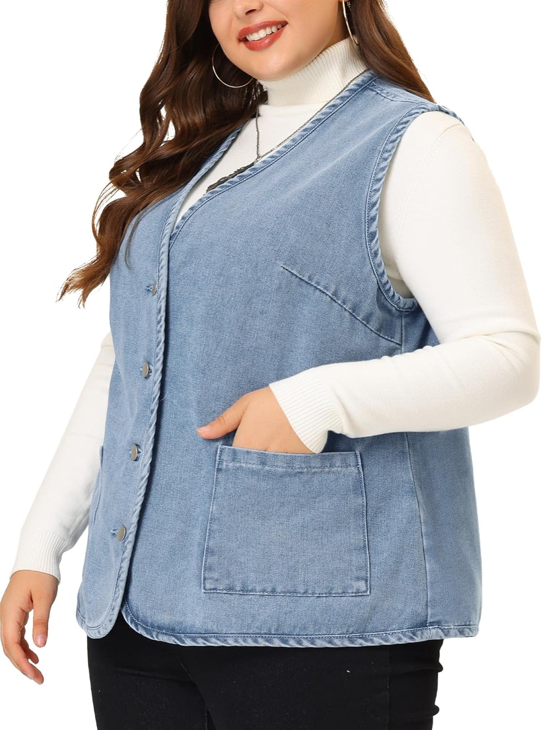 Agnes Orinda Plus Size Denim Vest Top for Women Button Down V Neck Waistcoat Sleeveless Jean Jacket Vests - Image 2