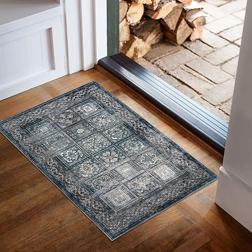 DECOMALL ALYTA - Tapete lavable para puerta, vintage, antideslizante, pequeño, para entrada, color azul, 2 x 3 pies