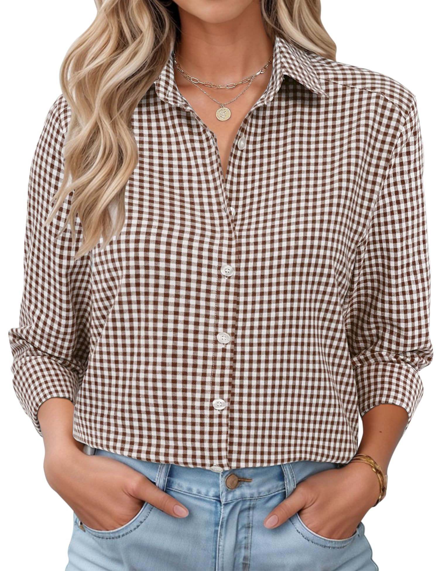 Rapbin Bluse Damen Lässig Langarm Hemd V-Ausschnitt Shirts Tunika Lockere Business Top Elegant Oberteil mit Knopfleiste