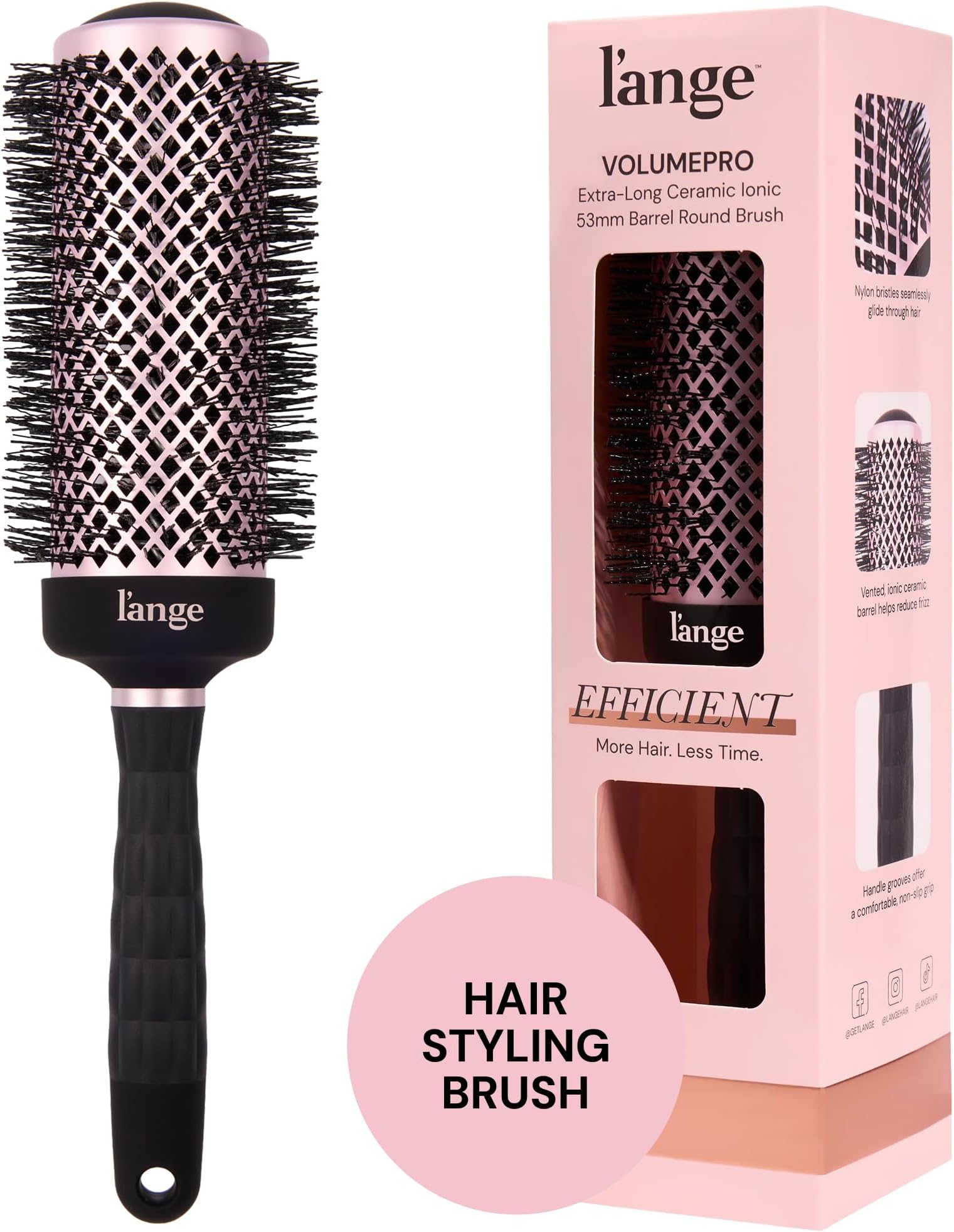 L'ANGE HAIR VolumePro Extra-Long Ceramic Ionic Round Brush, Black | For Blow Drying, Curling & Styling | Adds Volume, Reduces Frizz & Boosts Shine | Ideal for Extra-Long Hair (53mm)