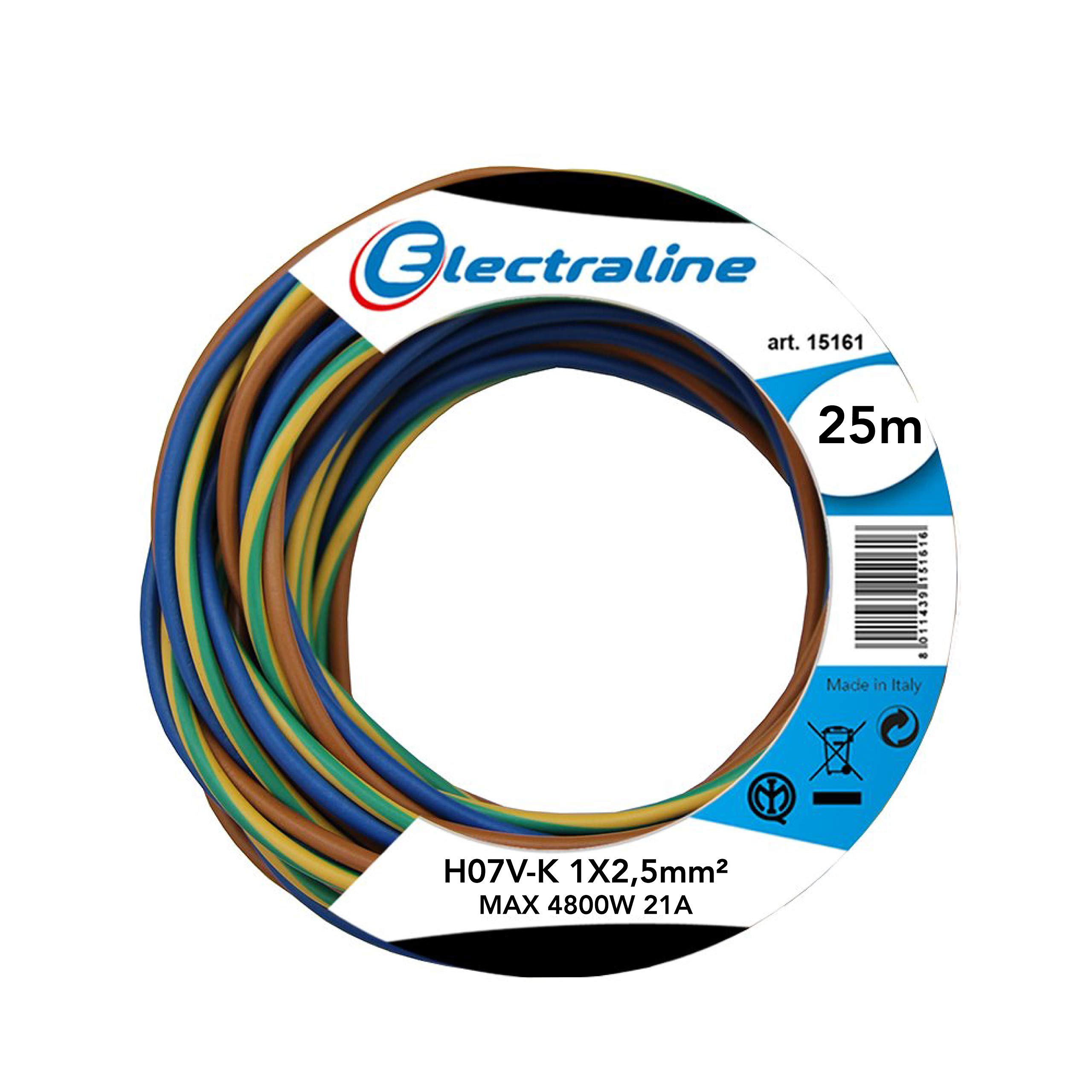 Electraline 25151 Cavo Unipolare N07V-K, Sezione 1X2.5 Mm, 25 Mt & 25139 Cavo Unipolare N07V-K, Sezione 1X1.5 Mm, 10 Mt, Marrone/Blu/Verde/Giallo