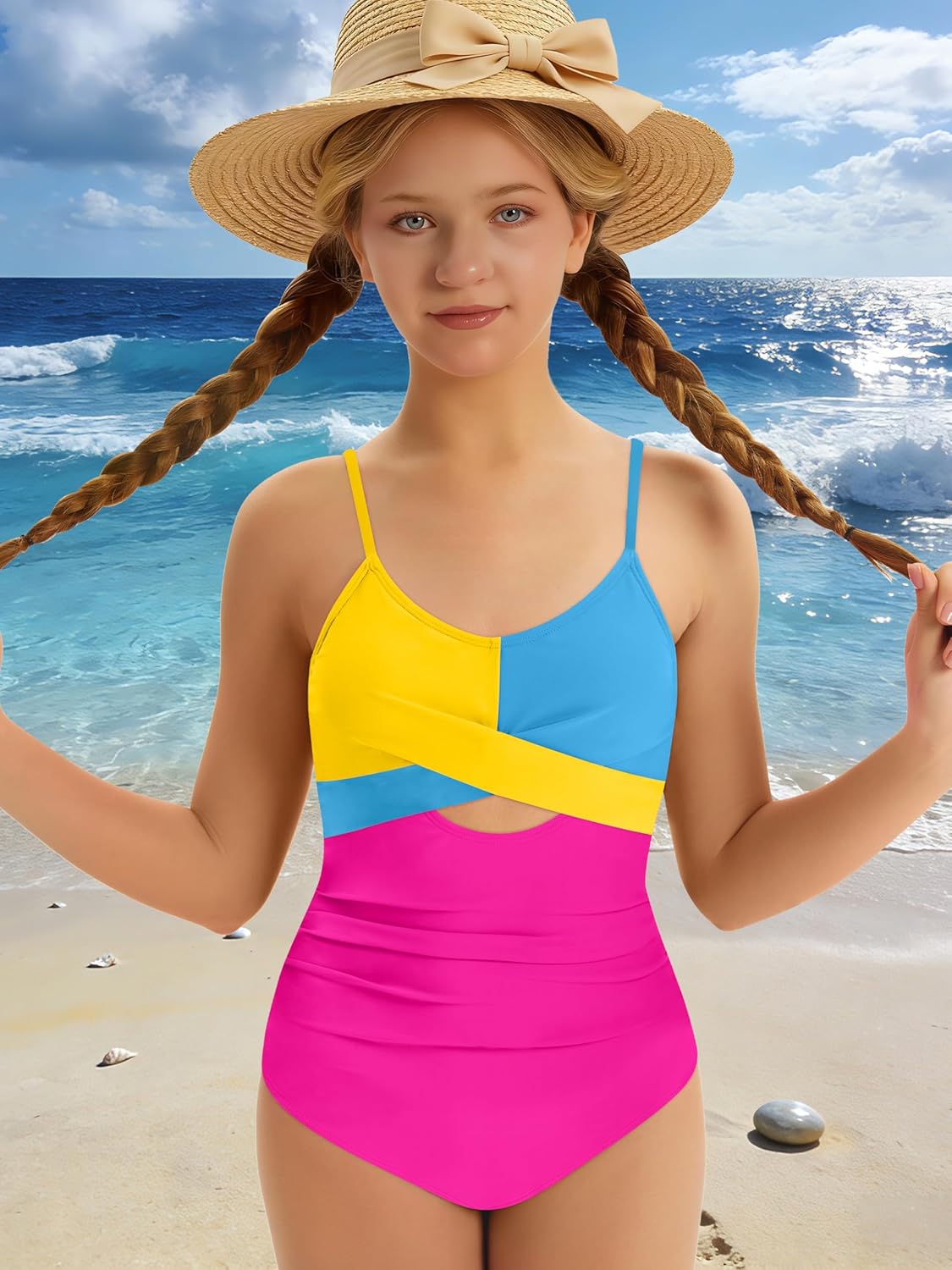 Girl Swimsuit One Piece Bathing Suit Cutout Adjustable Straps Padded High Waisted Girls Swimwear 9-16y - Image 7