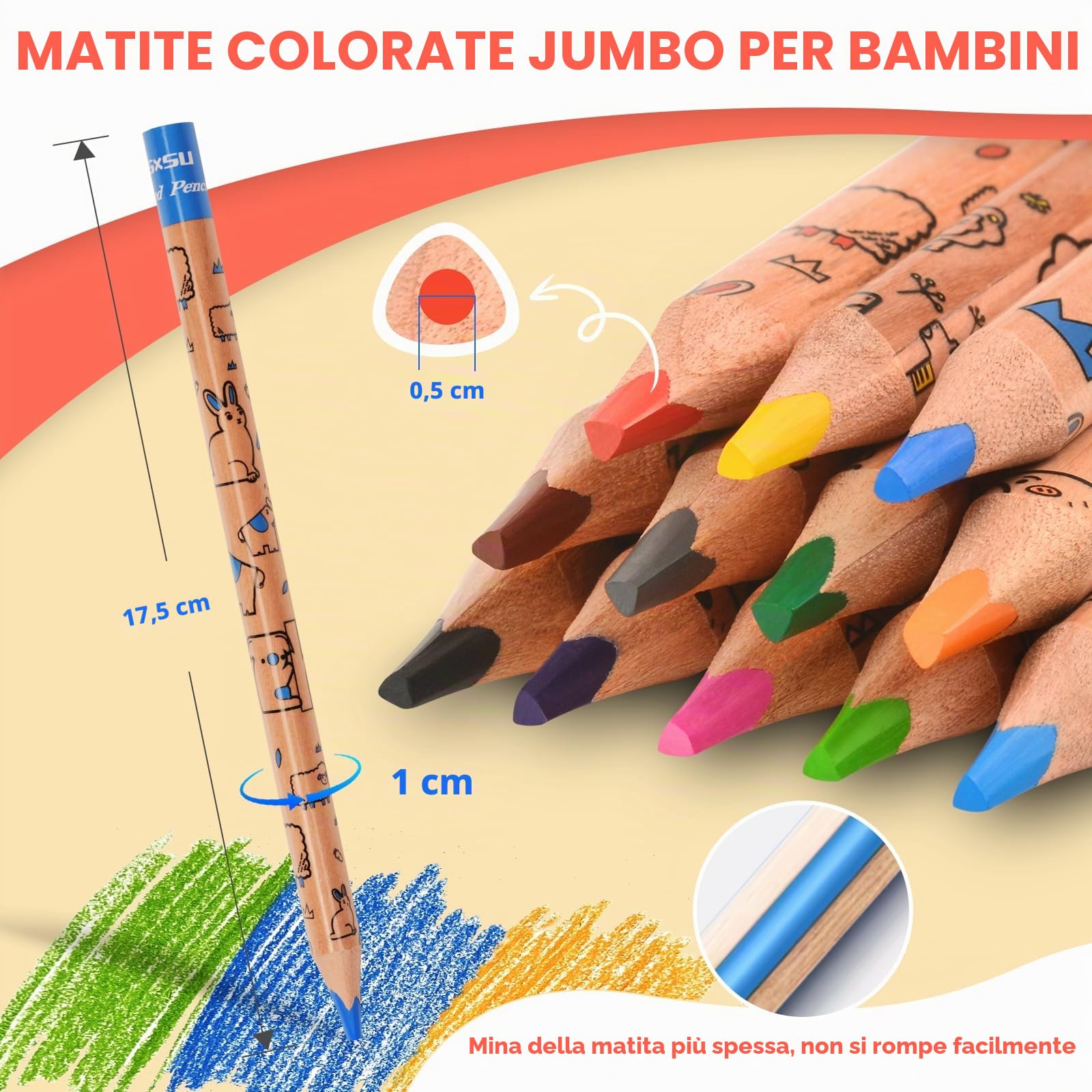 nsxsu 12 matite colorate Jumbo per bambini, triangolari spesse, set per 3-12 anni, accessori artistici per cesti pasquali, impugnatura facile