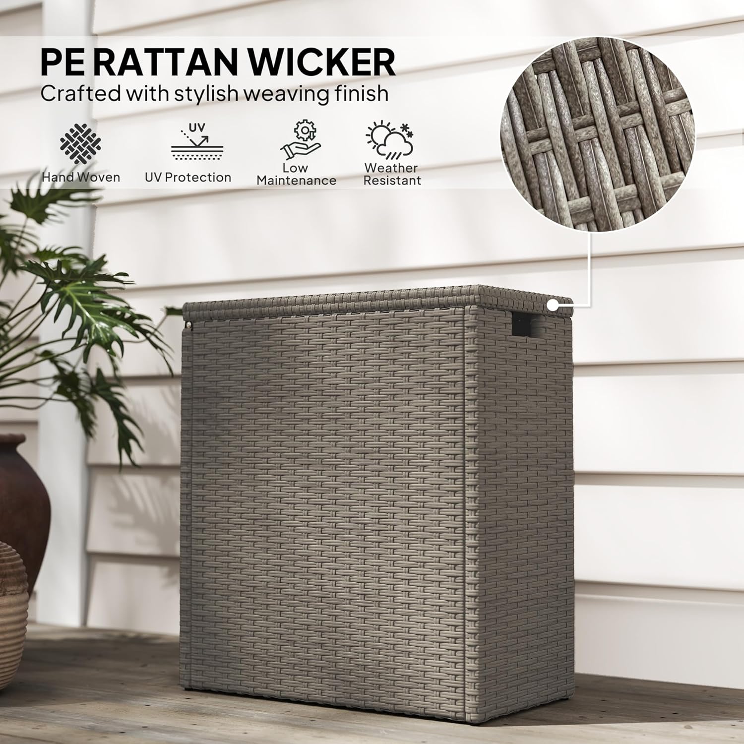Outsunny 17 Gallon Wicker Small Deck Box, PE Rattan Outdoor Storage Box with Slatted Acacia Wood Flip Top for Indoor, Patio Furniture Cushions, Pool Supplies, Garden Tools, UV Resistant, Teak