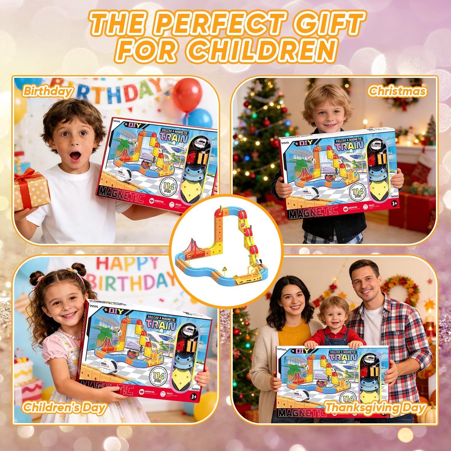 Electric Train Set for Kids,114PCS 3D Racing Track Set with Electric Train,Race Car Track Easy,Motorized Car, STEM Learning Gift