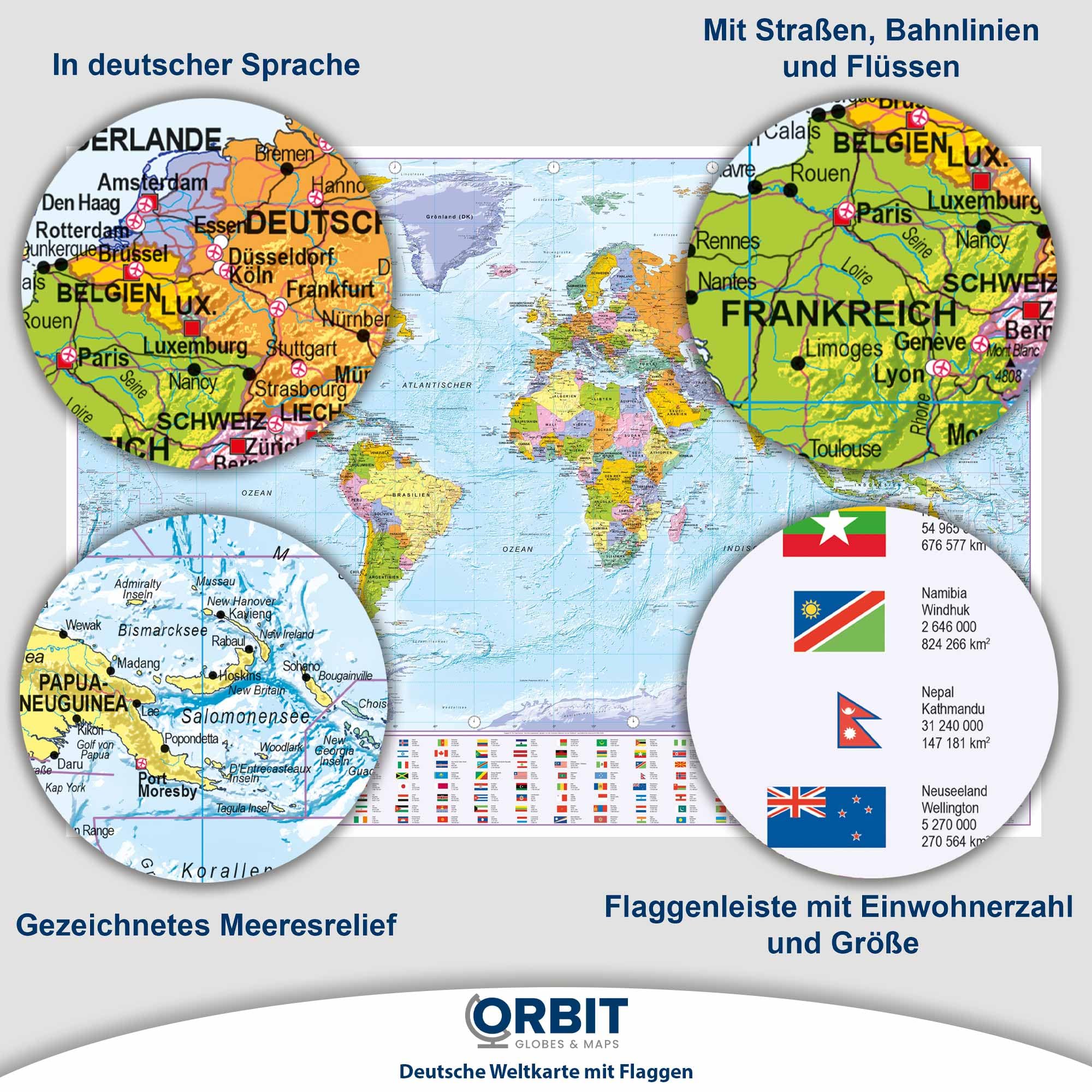 ORBIT Globes & Maps - Weltkarte XXL - Top-Aktuell 2026, deutsch, 136 x 96 cm, Maßstab 1:30 Mio mit seidenmattem Schutzlack inkl. Flaggenleiste