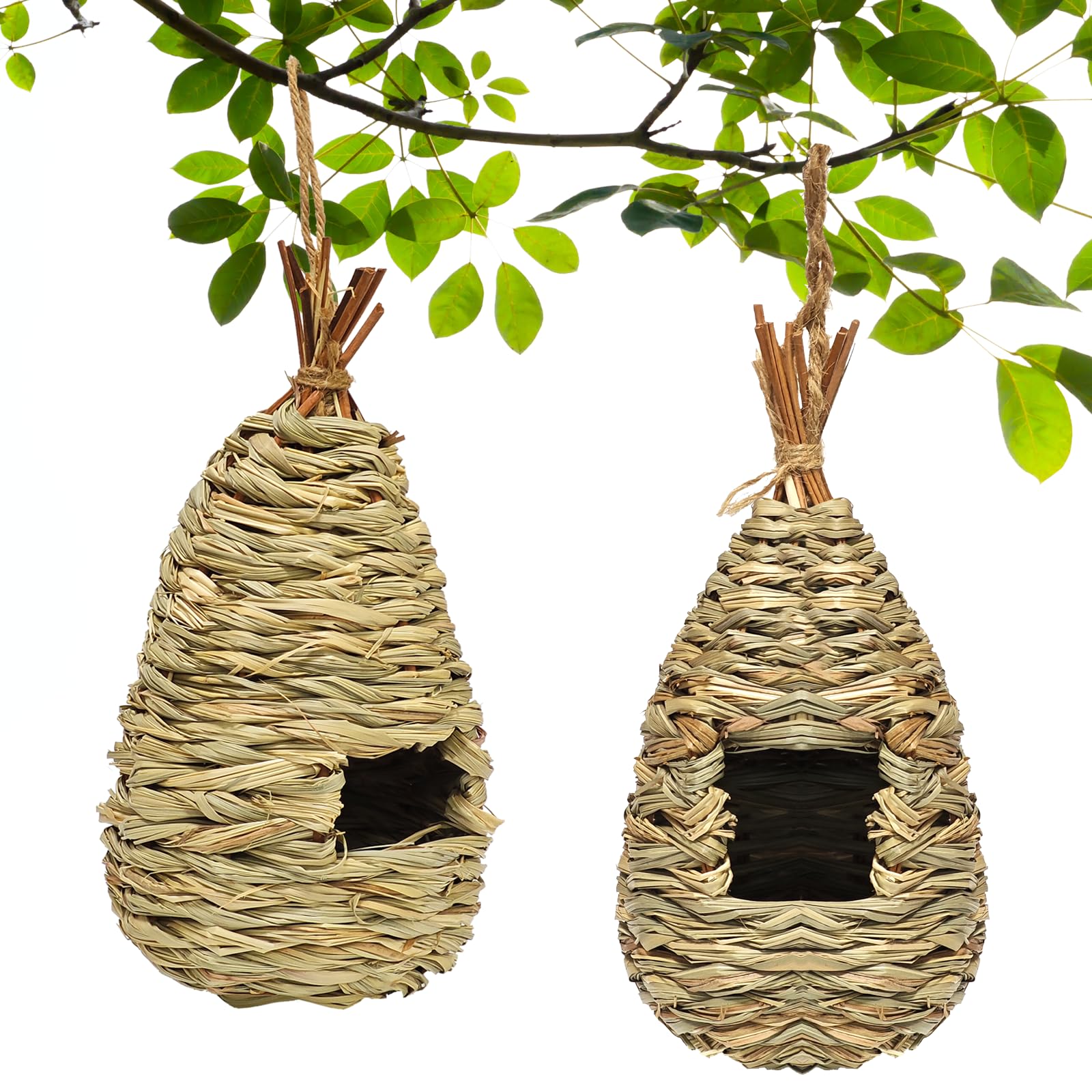 Gute Hummingbird Houses for Outside Hanging, Natural Grass Hanging Bird Hut, Hand Woven Hummingbird Nest, Large Wren Finch Bird House for Garden Window Outdoor Home Decoration, Set of 2