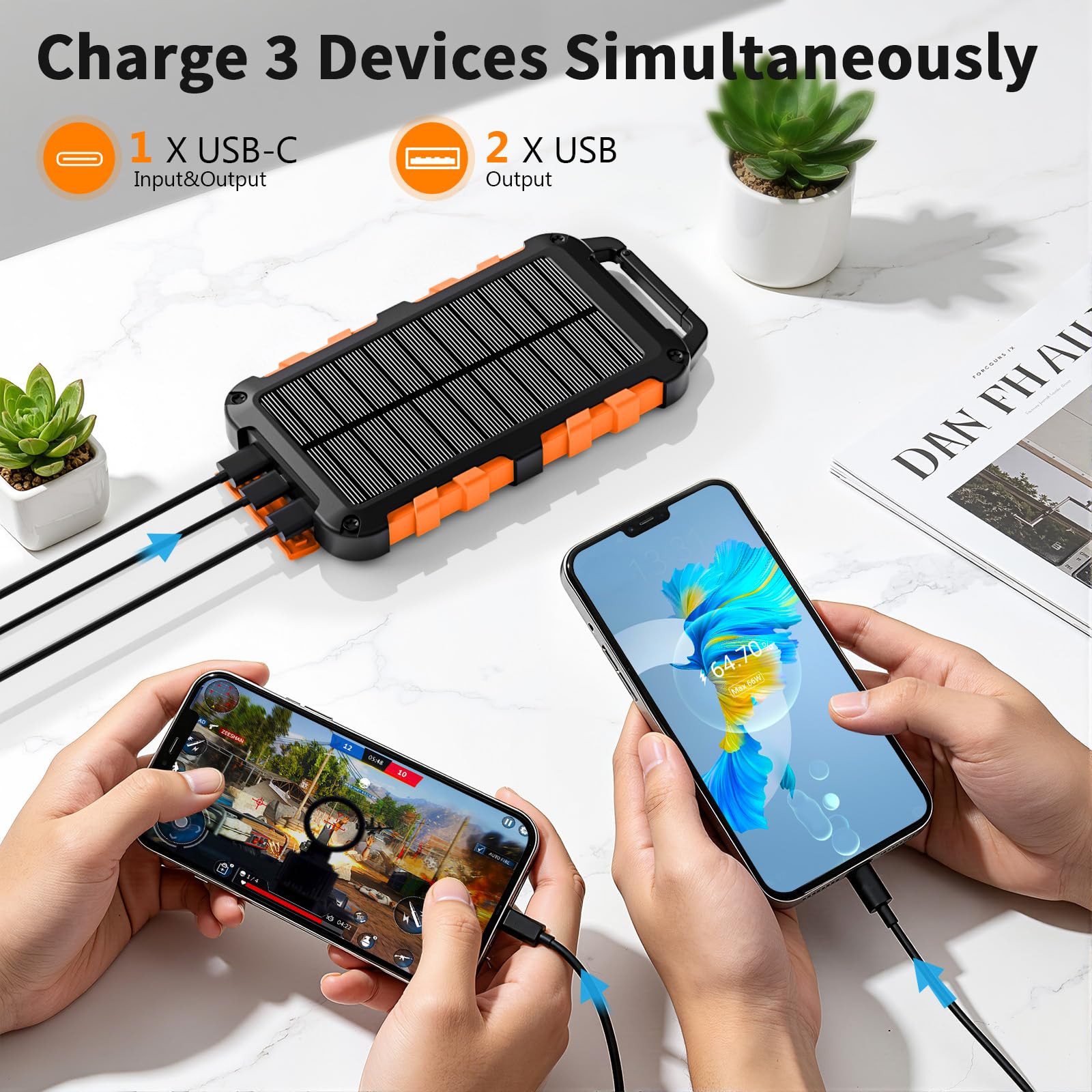 Batteria esterna solare 10000 mAh PD 15 W caricatore solare con 2 porte USB e ingresso USB-C ricarica rapida solare power bank impermeabile compatibile con telefono tablet campeggio, arancione