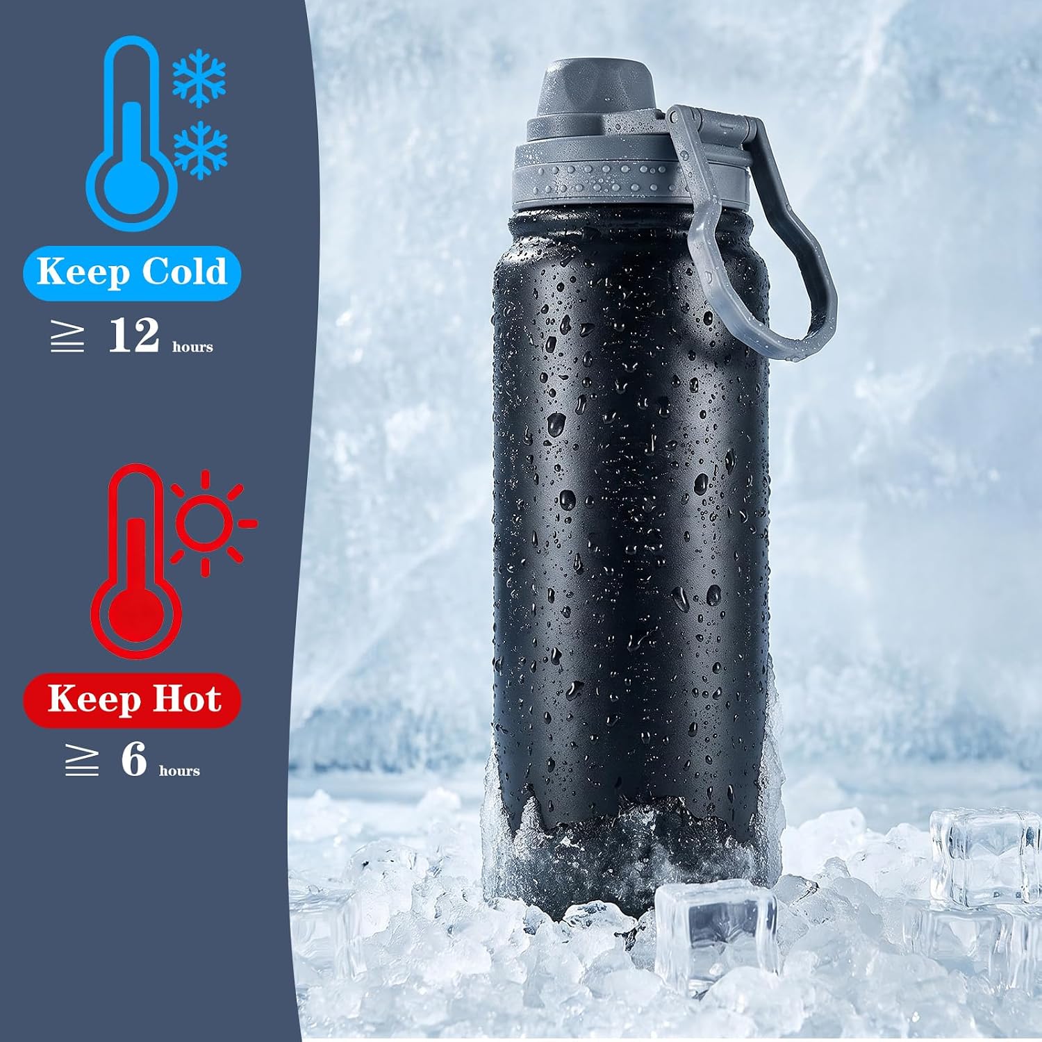 4 Pack Insulated Water Bottles, 26oz/750ml Stainless Steel Sports Water Bottle with Spout Lid Double Wall Bottle Leakproof Wide Mouth Metal Flask for Hiking Camping (Black)