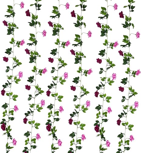 Miniatura 7 de JUSTOYOU Paquete de 2 guirnaldas de rosas falsas (15.8 pies), enredaderas de rosas artificiales, flores colgantes de seda para boda, hogar, telón de