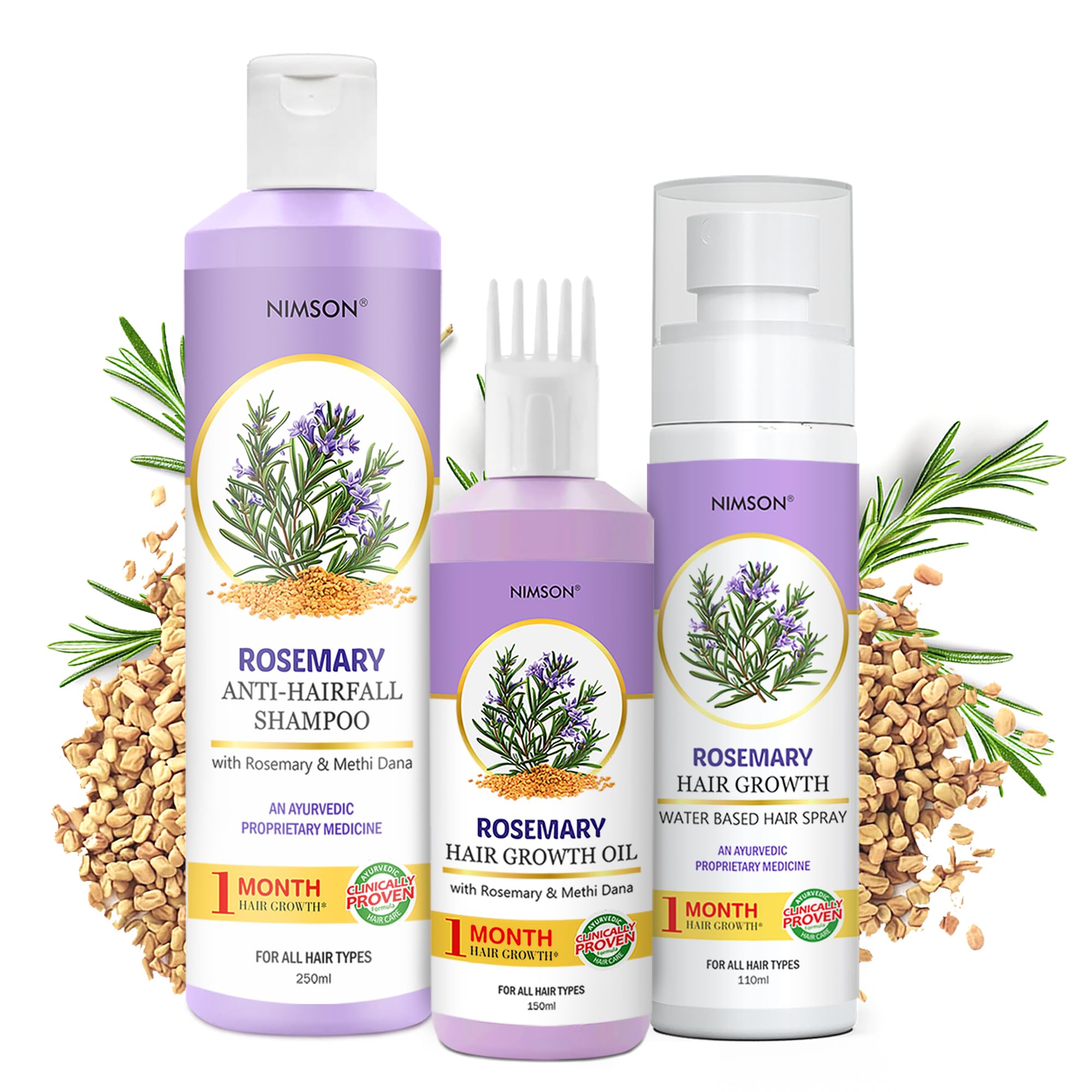 Nimson Complete Rosemary Hair Care Trio: Rosemary Shampoo (250 ml), Water-Based Spray (110 ml), and Hair Growth Oil (150 ml) – Reduces Hair Fall, Strengthens Hair-image-46