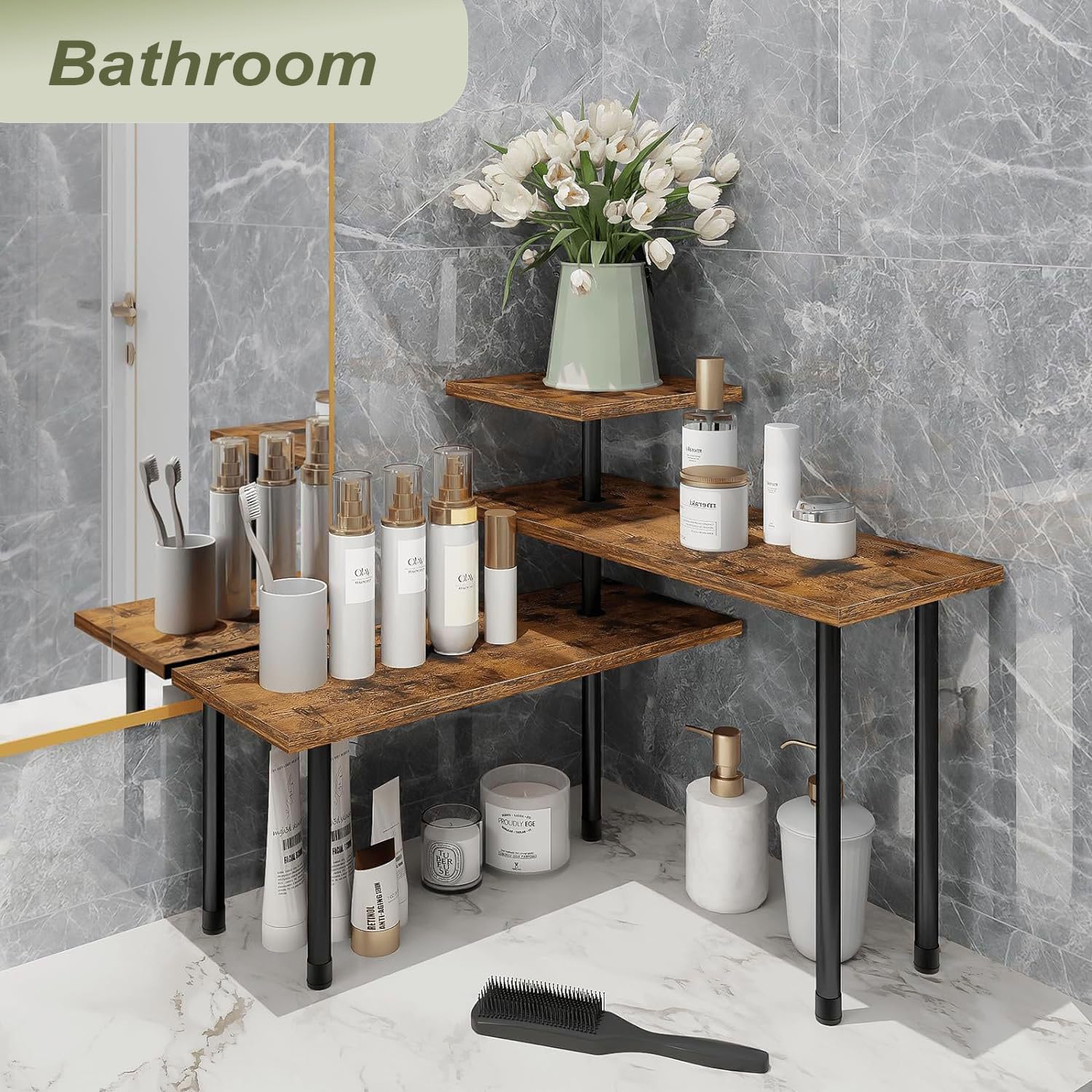 Mensola Angolare a 3 Livelli Cucina Piano di Lavoro in Legno, Mensola da Cucina, Organizer da Cucina Regolabile per Spezie, Caffè e Bagno, Organizzatore da Cucina per Piano di Lavoro, Mensola
