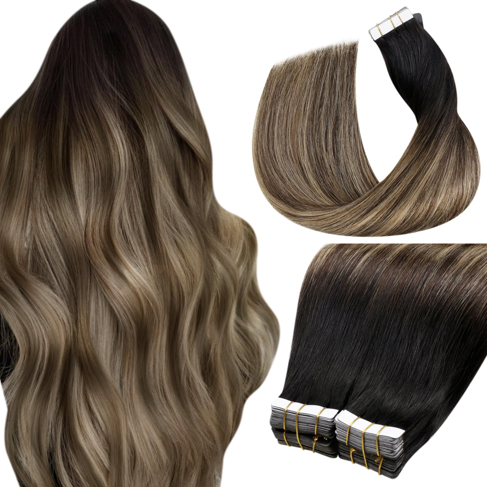 LaaVoo Echthaar Extensions Tape Balayage Braun 60cm Lang Extensions Echthaar Tape in Ombre Schwarz zu Braun mit Karamellblond Haarverlängerung Echthaar Tape Glatt 40pcs 100g #1b/4/27