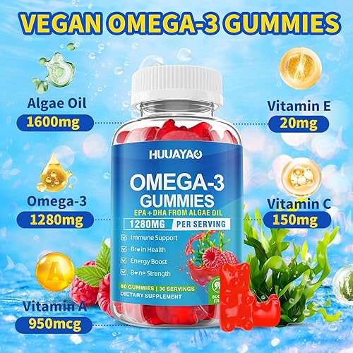 Miniatura 4 de Gomitas veganas Omega-3 de 1028 mg, alternativa de aceite de pescado Omega 3 para adultos con EPA 400 mg y DHA 600 mg y vitamina A, C, E para la