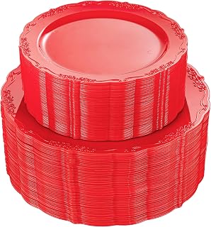 U-QE 100PCS Red Plastic Plates - Heavy Duty Plastic Disposable Party Supplies Include 50PCS 10" Dinner Plates and 50PCS 7.5" Dessert/Salad Plates for Party, Wedding
