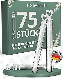 HOCHZEITSHELD Seifenblasen Hochzeit 75 Stück mit weißem Herz-Griffstück - Optimal als Standesamt Deko oder Überraschung - Perfekt als Hochzeitsdeko Tisch oder mit Freudentränen - Mini Luftblasen Herz