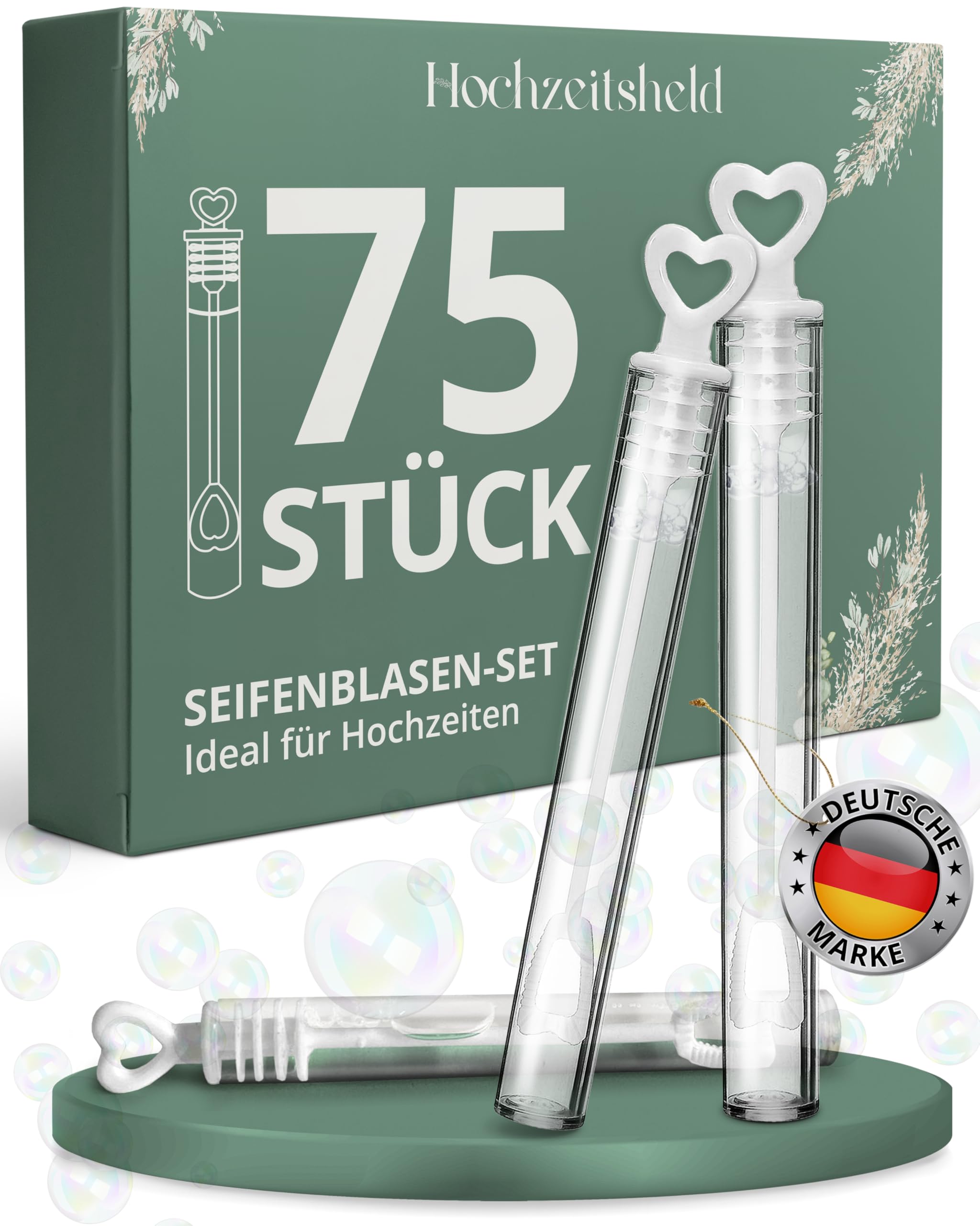 HOCHZEITSHELD Bolle di sapone per matrimonio, 75 pezzi, con manico a forma di cuore bianco, ideale come decorazione per ufficio di registro o sorpresa, perfetto come decorazione per matrimoni o con