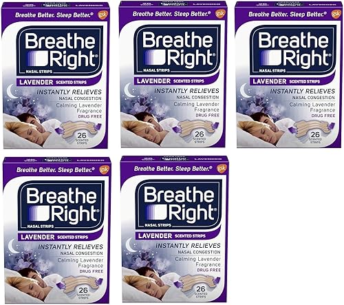 Respirar derecho calmante lavanda perfumada sin drogas tiras nasales para alivio de la congestión nasal, 26 unidades, paquete de 5
