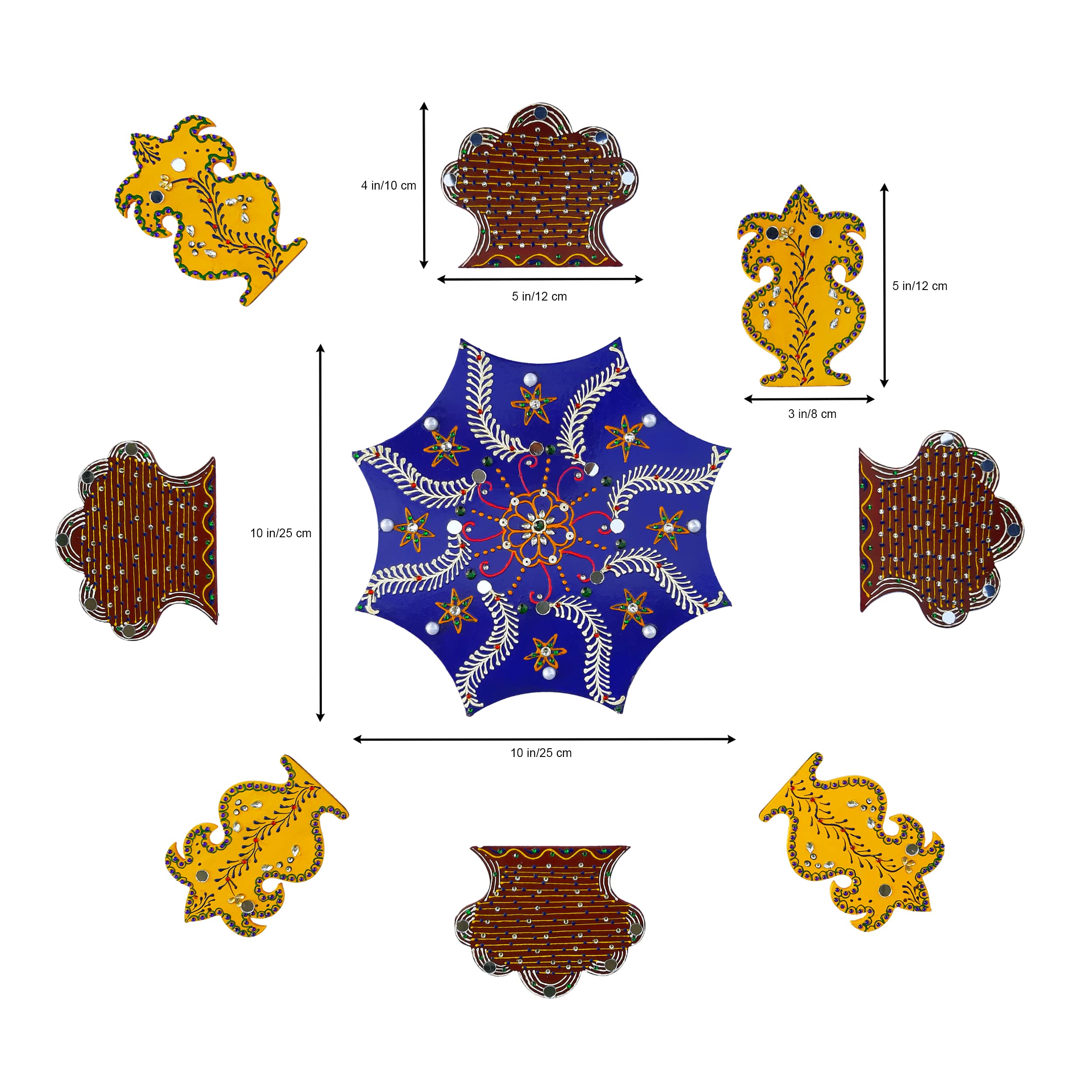 Ritwika's Symmetrical Designer Foldable Rangoli Set | Multiple Pieces With Double Sided Tape | Suitable For Both Wall And Floor Decor Diwali/Events/Inauguration| Blue, Brown and Yellow | 18 X 18 Inces 1