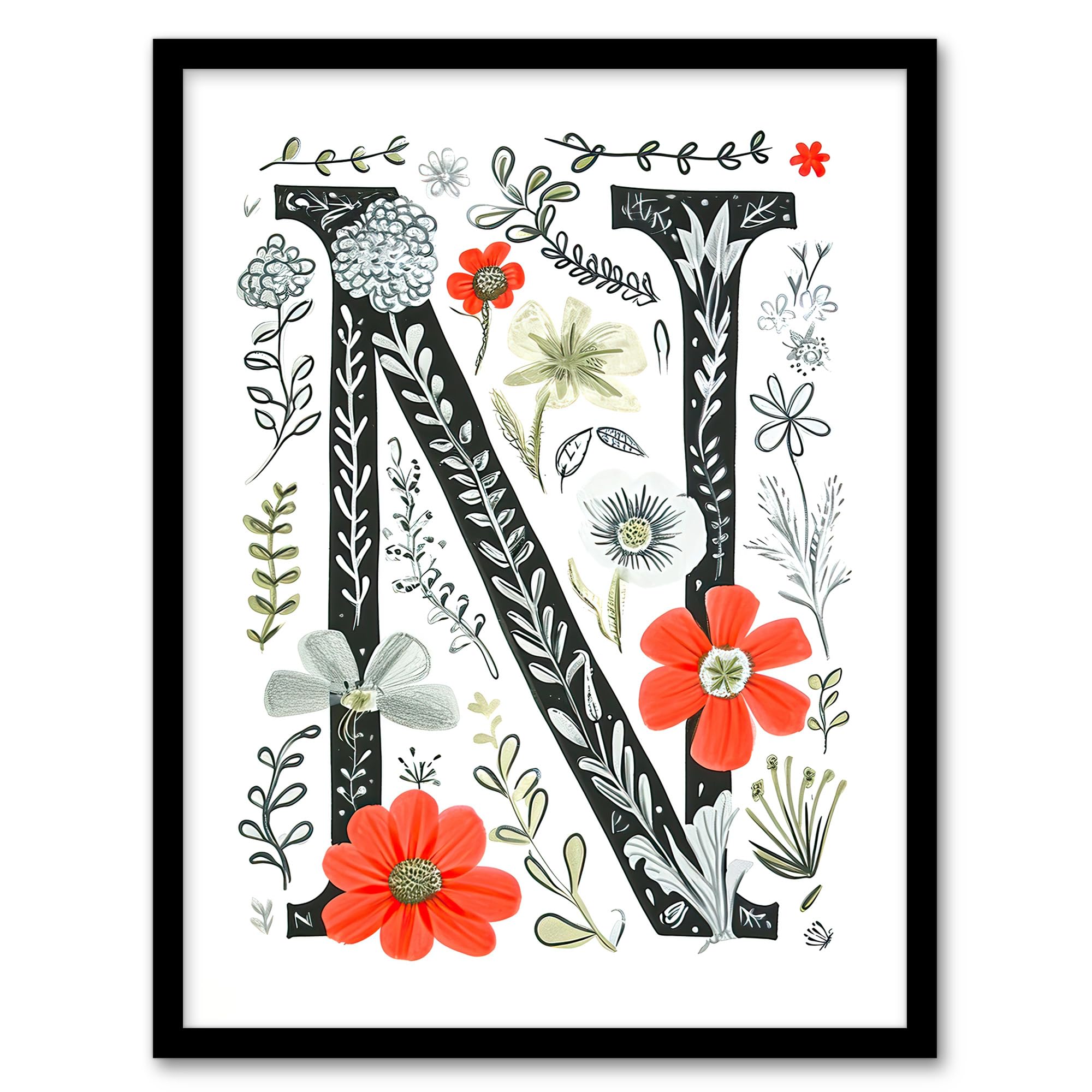 Artery8 Letter N Poppies Wildflowers Pen Drawing Floral Word Art Print - Framed A4 Size