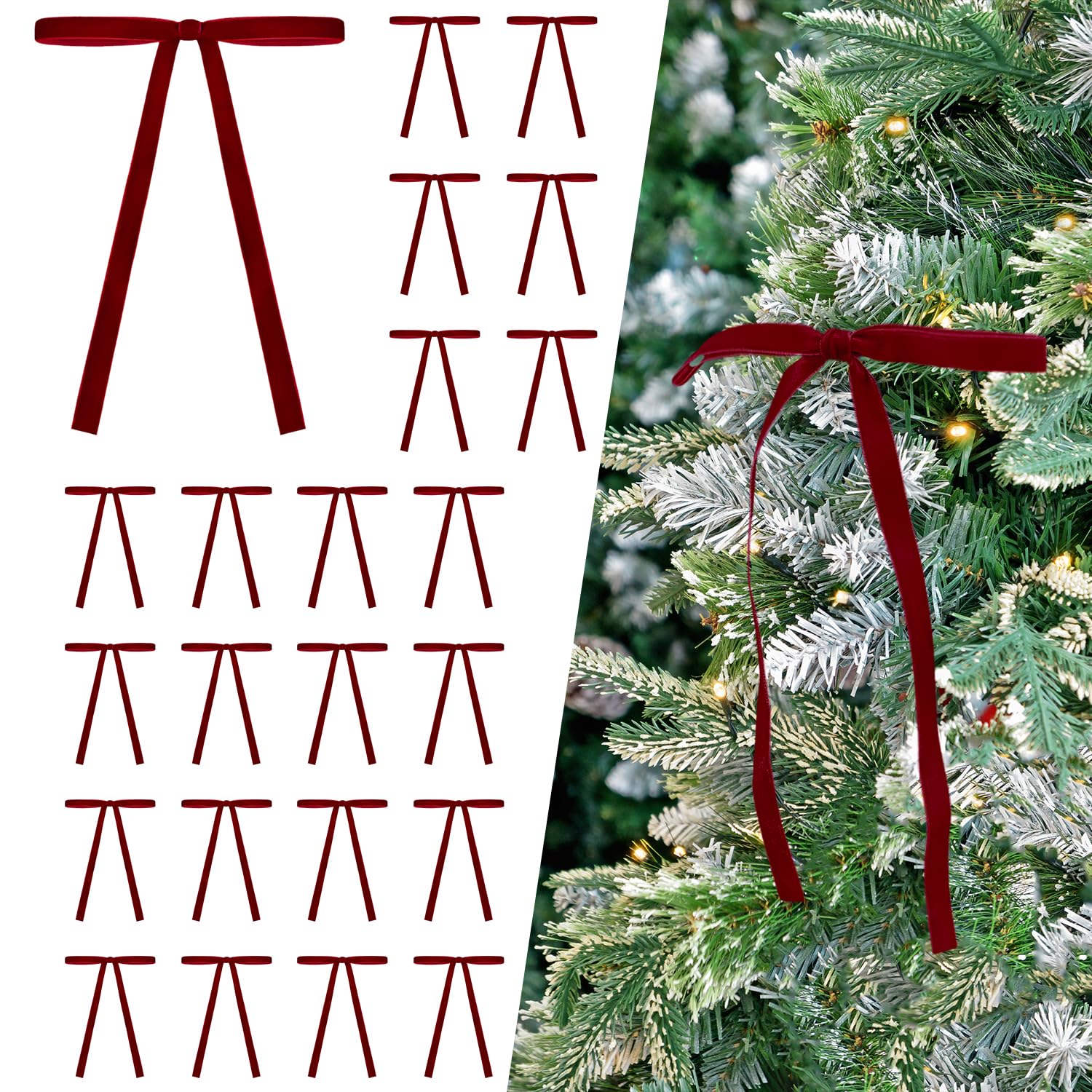 24 Pcs Burgundy/Wine Dark Red Velvet Bows Ornaments for Christmas Tree, Vintage Velvet Christmas Bows Tree Decorations, Indoor Home Decor for Wreath Mantle Gift Wrap Holiday Decor, 3/8'' W, 5 * 7 inch