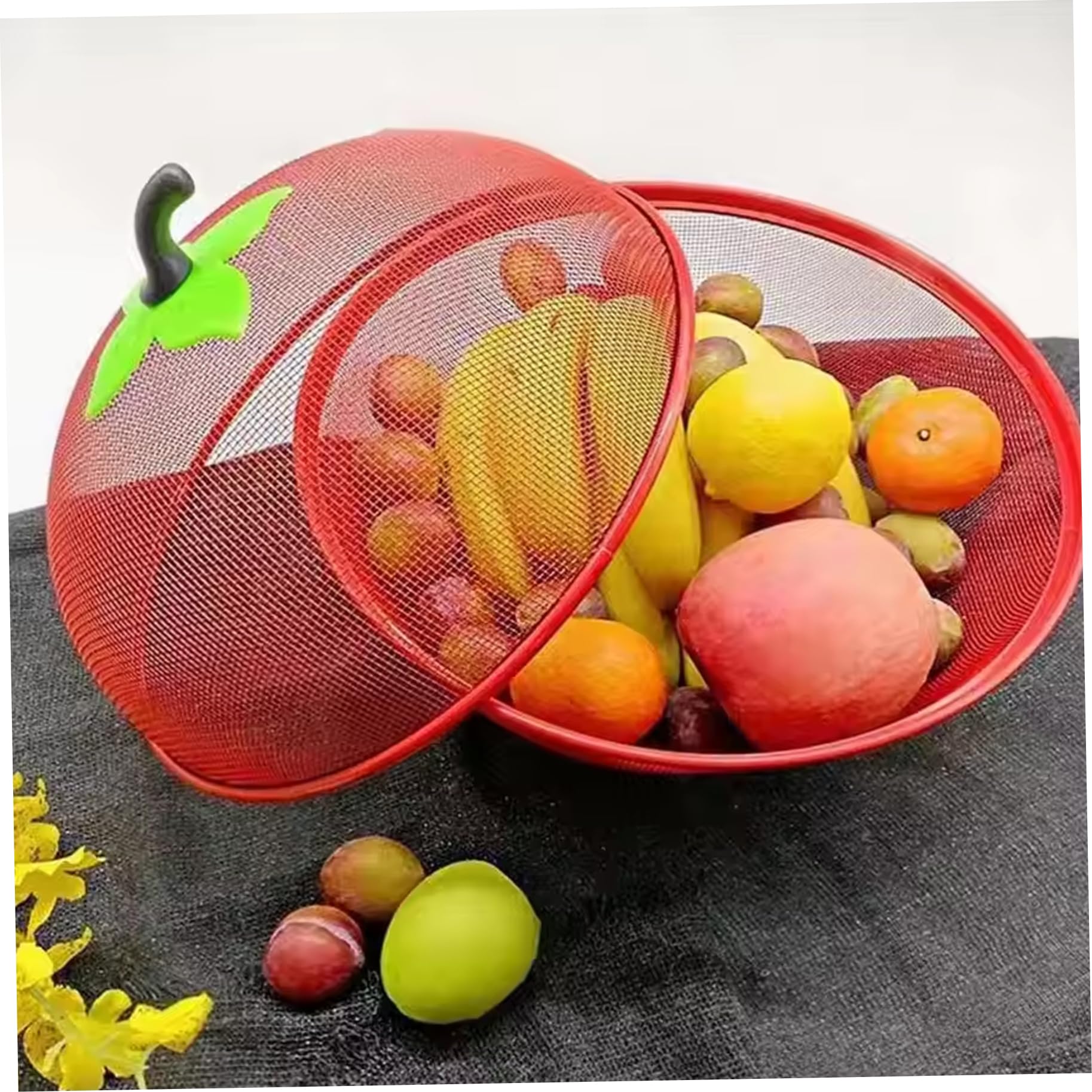 Bol à fruits avec couvercle, panier à fruits en treillis métallique de 11 pouces avec fond surélevé, panier alimentaire élégant et fonctionnel pour la cuisine, rouge