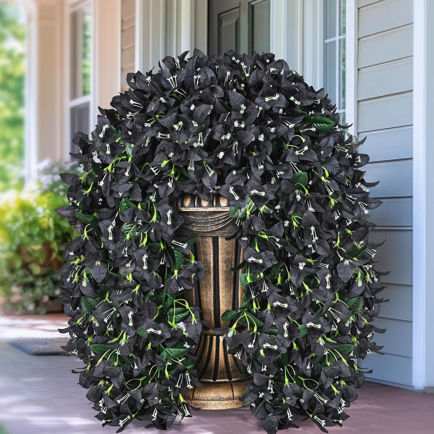 2 Pcs Halloween Artificial Flowers for Outdoors, Black Realistic Faux Silk Bougainvillea Flowers, Fake Hanging Plants for Porch Patio Balcony Halloween Decoration (Black) Black 2 Pcs