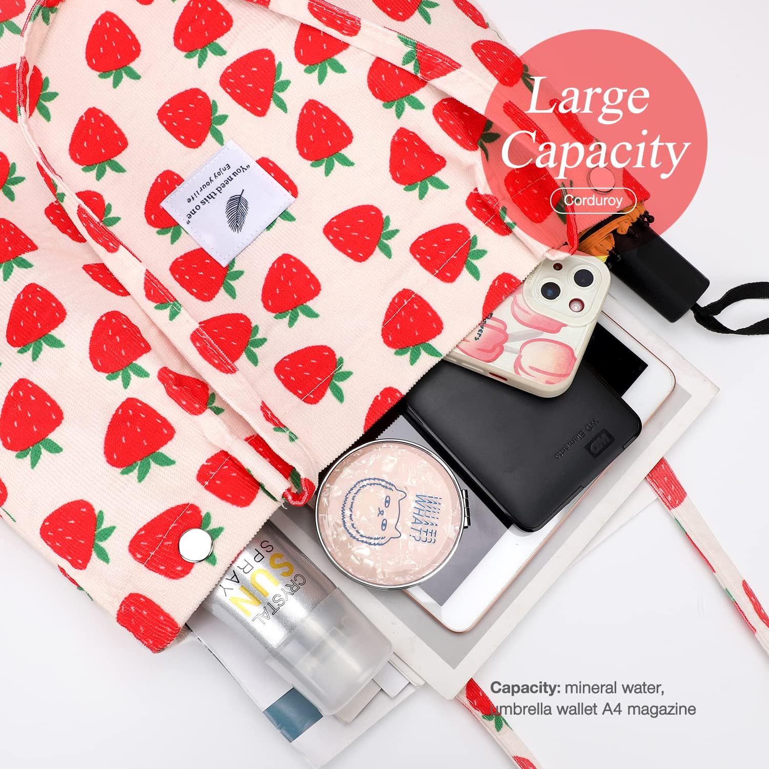 Sac fourre-tout en velours côtelé pour femme, sac fourre-tout en velours côtelé réutilisable de grande capacité avec poche intérieure, parfait pour l'école,le travail,les voyages et le shopping