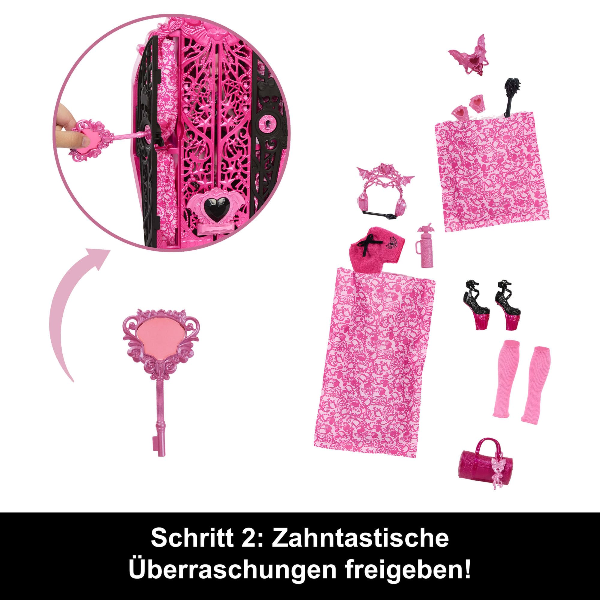Monster High Skulltimate Secrets Puppen- und Accessoire-Set, Monster Mysteries Draculaura mit Kleiderschrank und mehr als 19 Überraschungen inklusive Puppenkleidung, HXH84