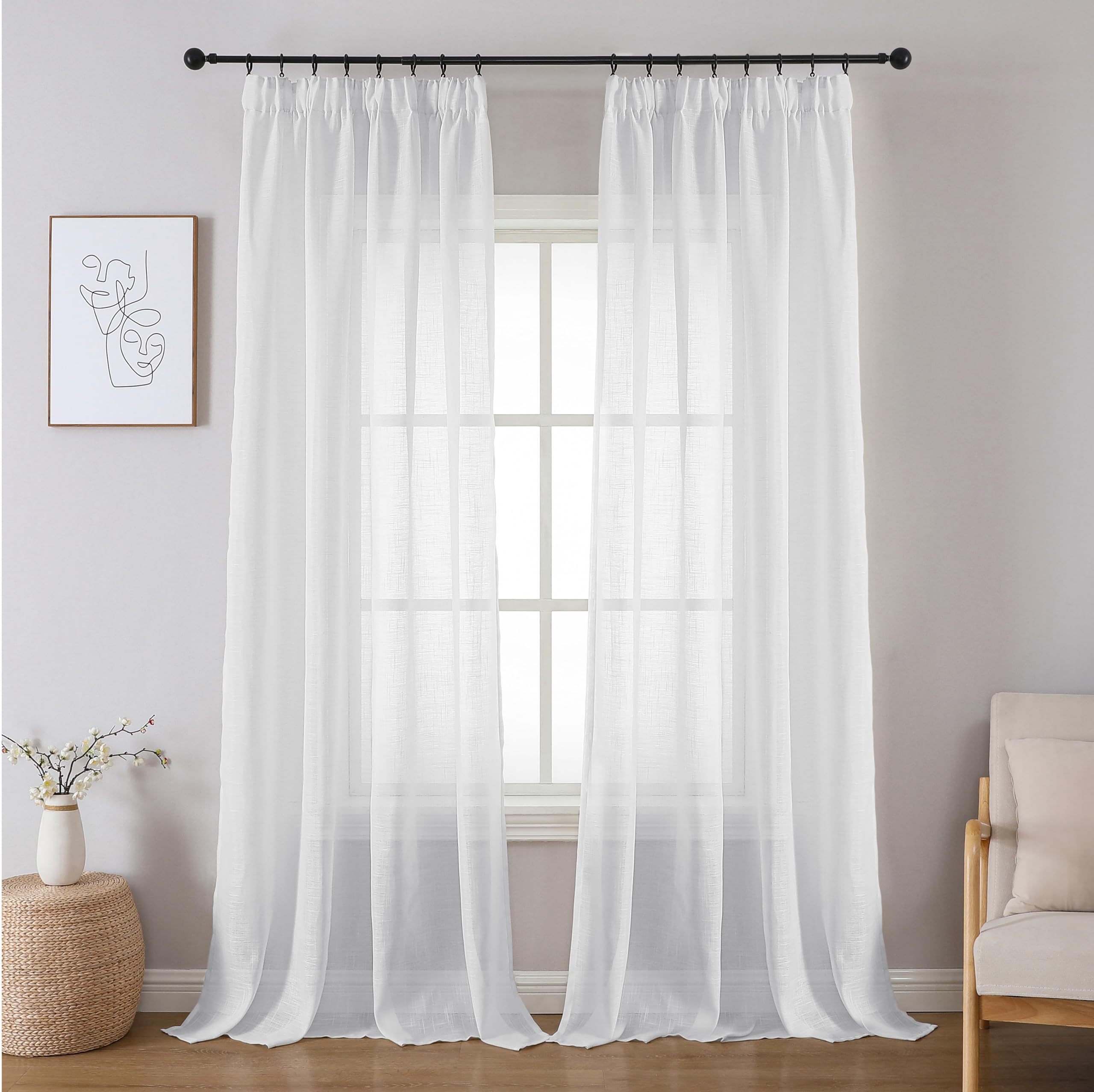 Joydeco White Linen Voile Curtains 55 x 88 Inch Drop for Ceiling Track Rail 2 Panels, Light Filtering Pencil Pleat Faux Linen Sheer Curtains 225cm Length (No Hooks)