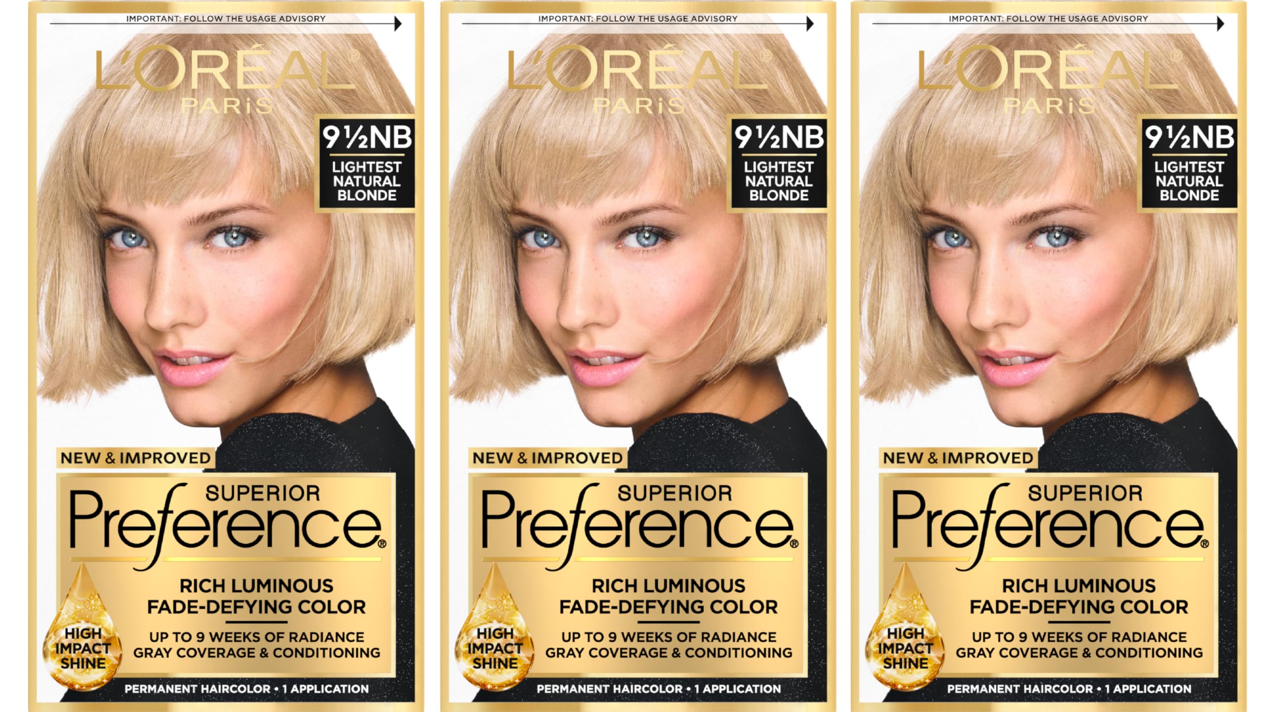 L'Oreal Paris Superior Preference Luminous Fade-Defying Permanent Hair Color, Hair Dye For Up to 9 Weeks of Radiance, Lightest Natural Blonde 9.5NB, 1 Hair Dye Kit (Pack of 3)