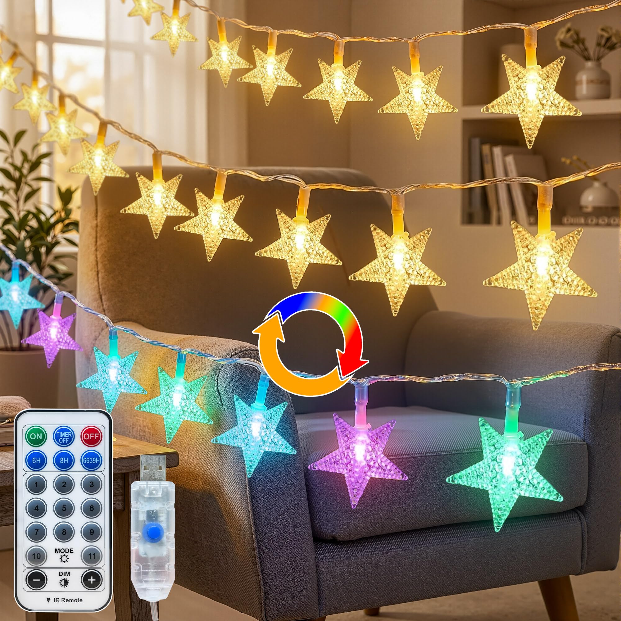 Luci a stella con 100 luci a LED USB da 15,7 m, con telecomando, IP44, impermeabili, 11 modalità, 2 in 1, bianco caldo e multicolore, cambia luci stellate per interni ed esterni, per camera da letto