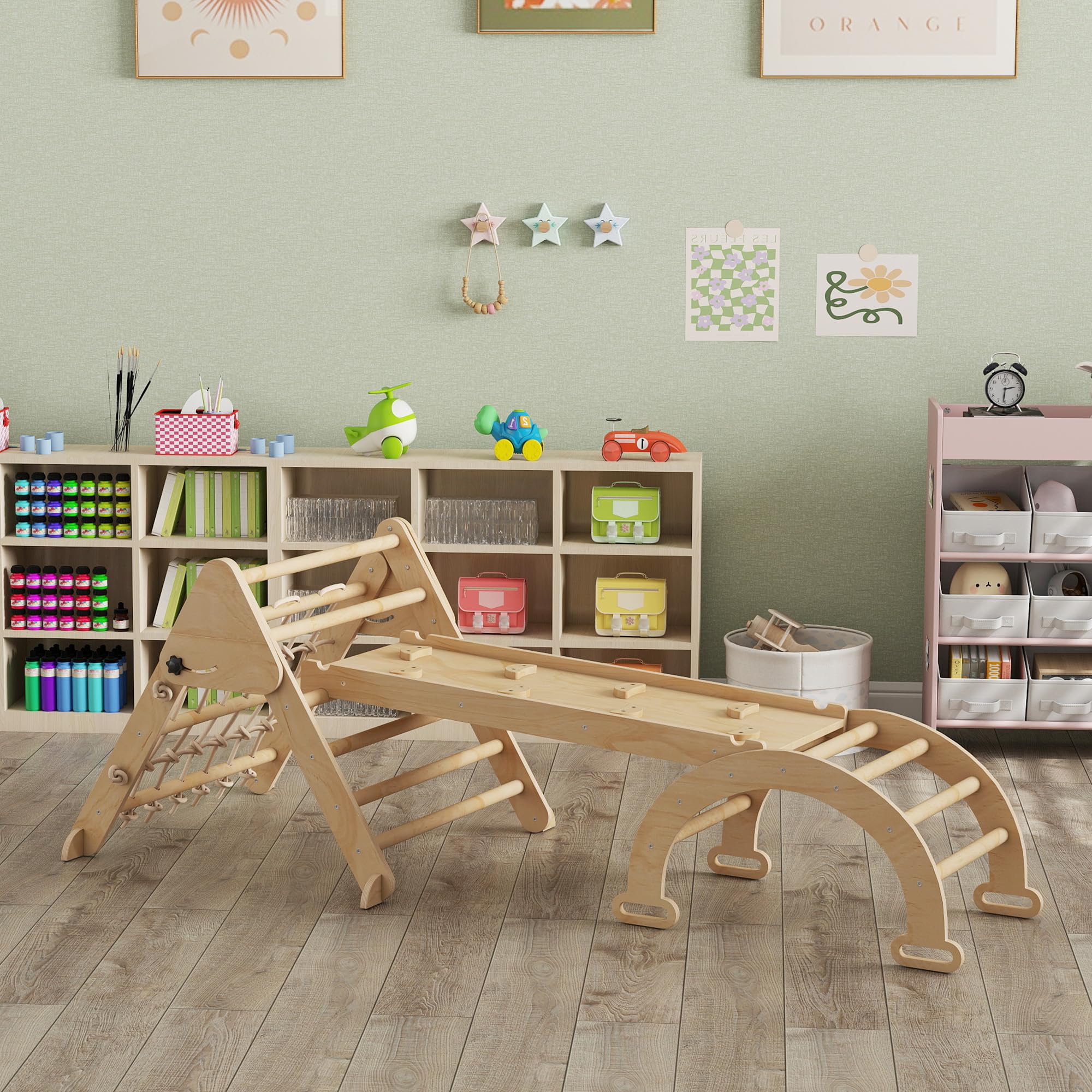 AIYAPLAY 8 en 1 triángulo de Escalada para niños con rampa Doble Cara, Arco de Escalada de Madera álamo con tobogán y Escalera, Carga 50 kg para deslizarse o Escalar bebé de 18 a 48 Meses, Natural