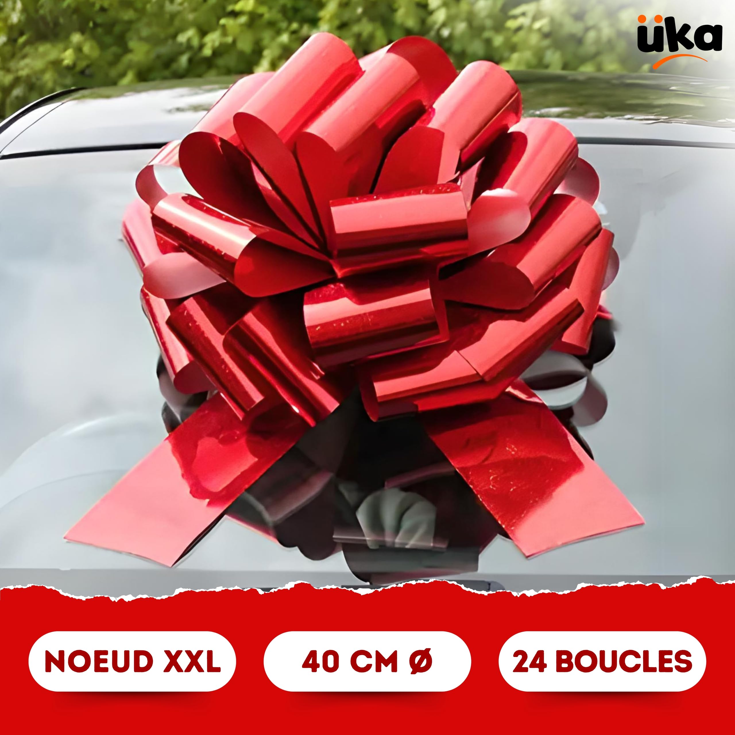 Üka • Noeud Cadeau Géant. Diamètre 40 cm. Grand Noeud Cadeau pour Voitures, Vélos et Électroménagers. Gros Noeud Rouge avec Conception Auto-assemblable et Réutilisable.