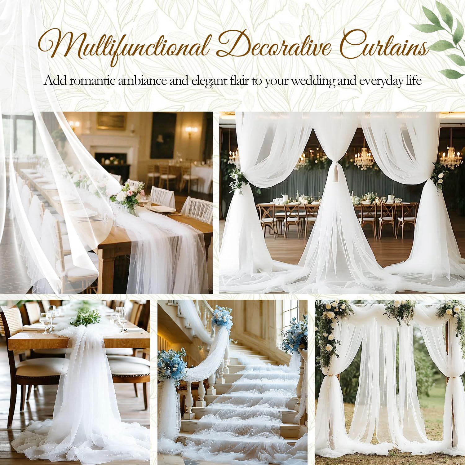 4 Piezas Cortinaje para Arco de Boda 75x800cm Tul Blanco Cortina Transparente Tejido Chiffon Decoracion Boda Fondo Nupcial Decoración para Fiestas Banquetes y Escenario